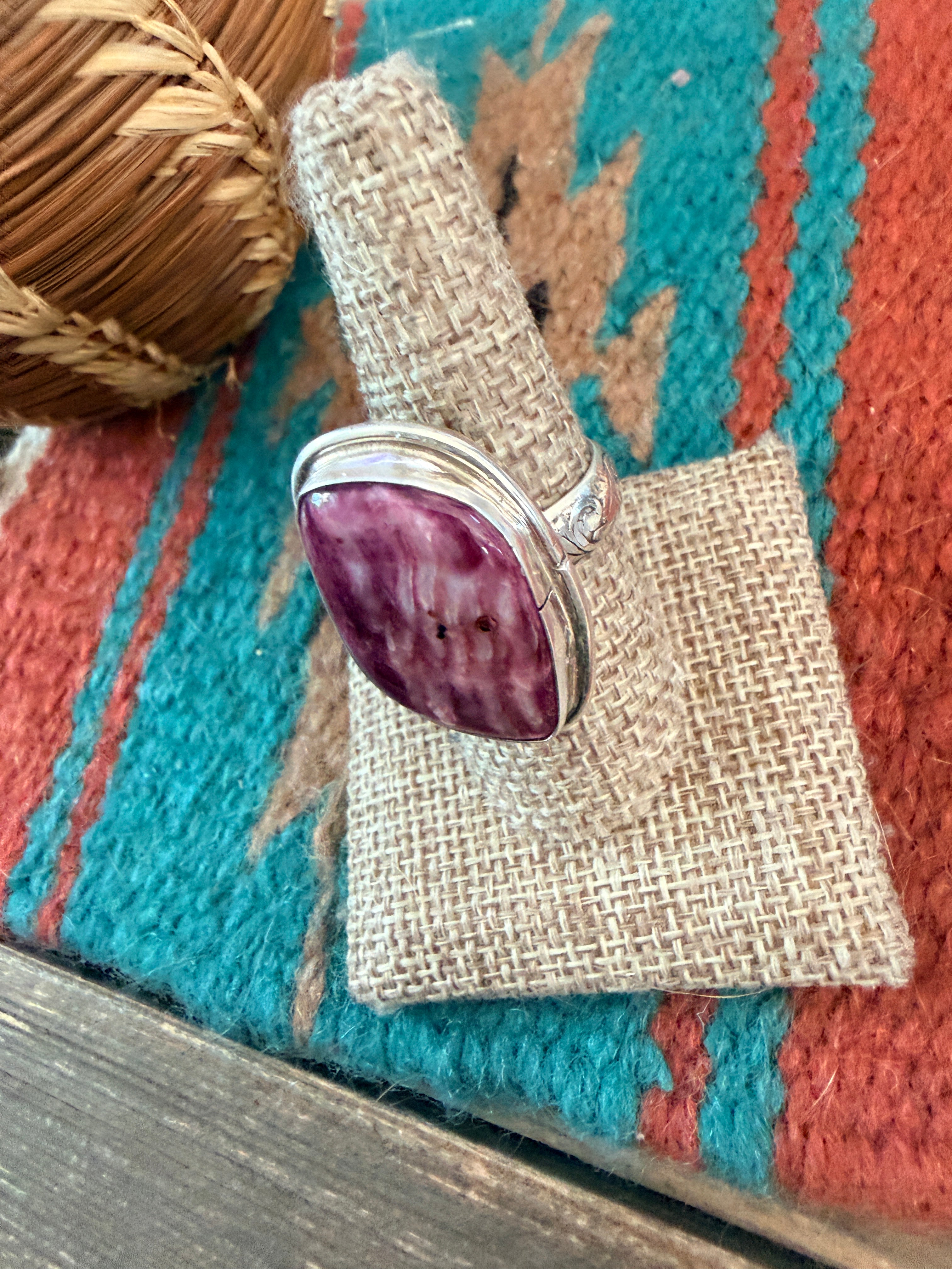 Handmade Sterling Silver & Purple Spiny Adjustable Ring