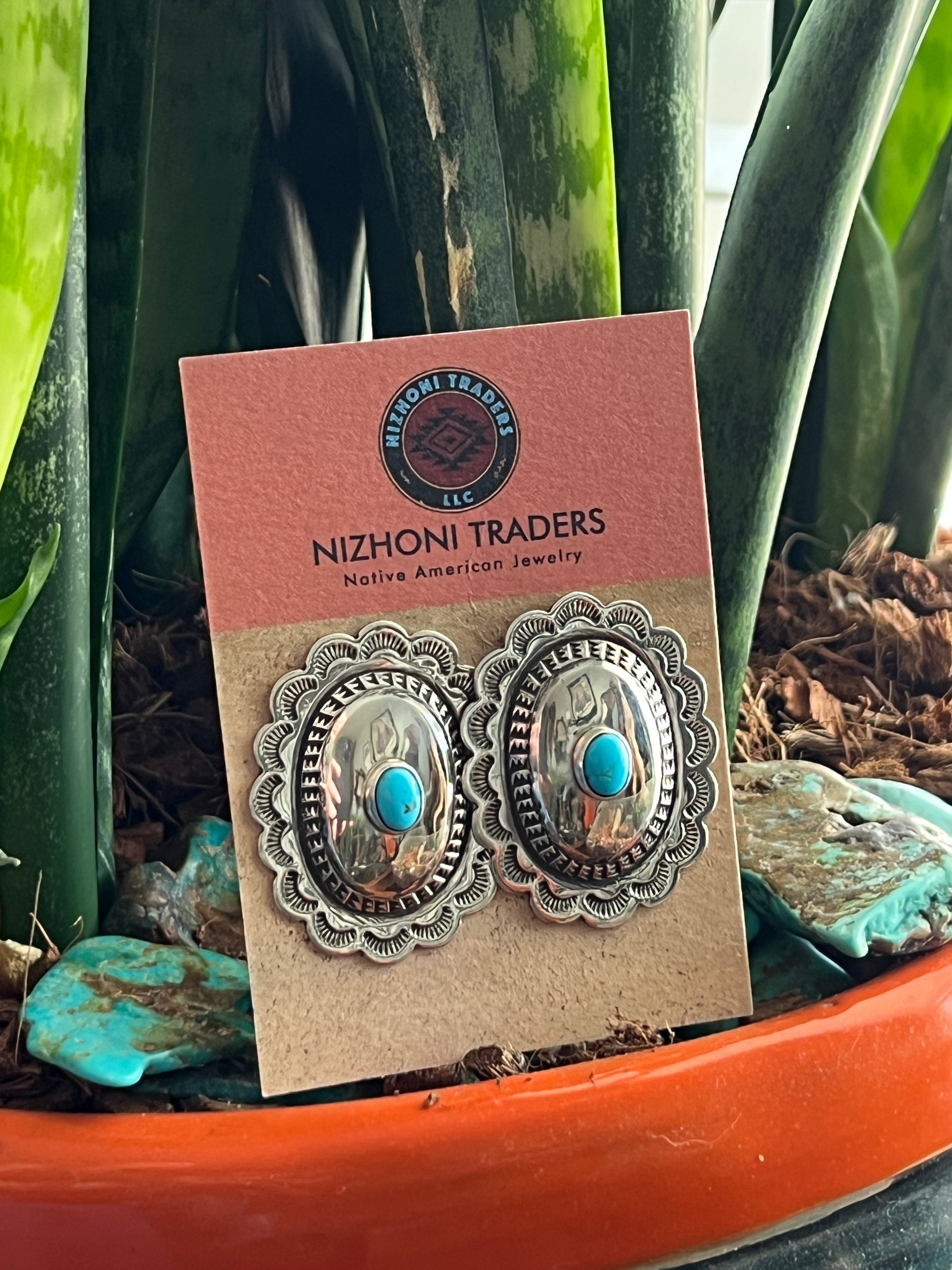 Handcrafted Bohemian Bliss Sterling Silver and Turquoise Concho Post Earrings by Annabelle (Kee) Lantana