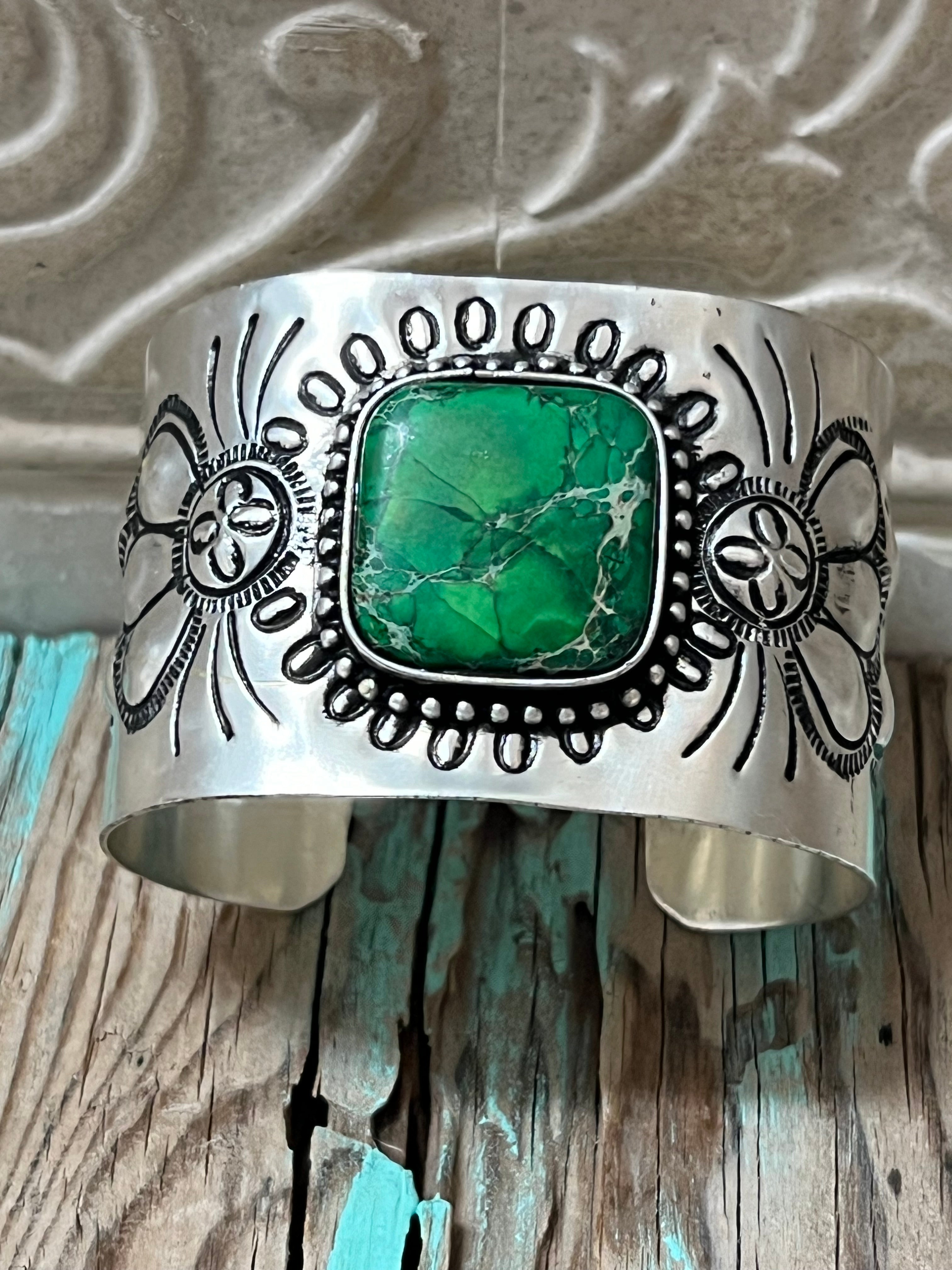 Engraved Silver Plated Cuff Bracelet with Green Stone