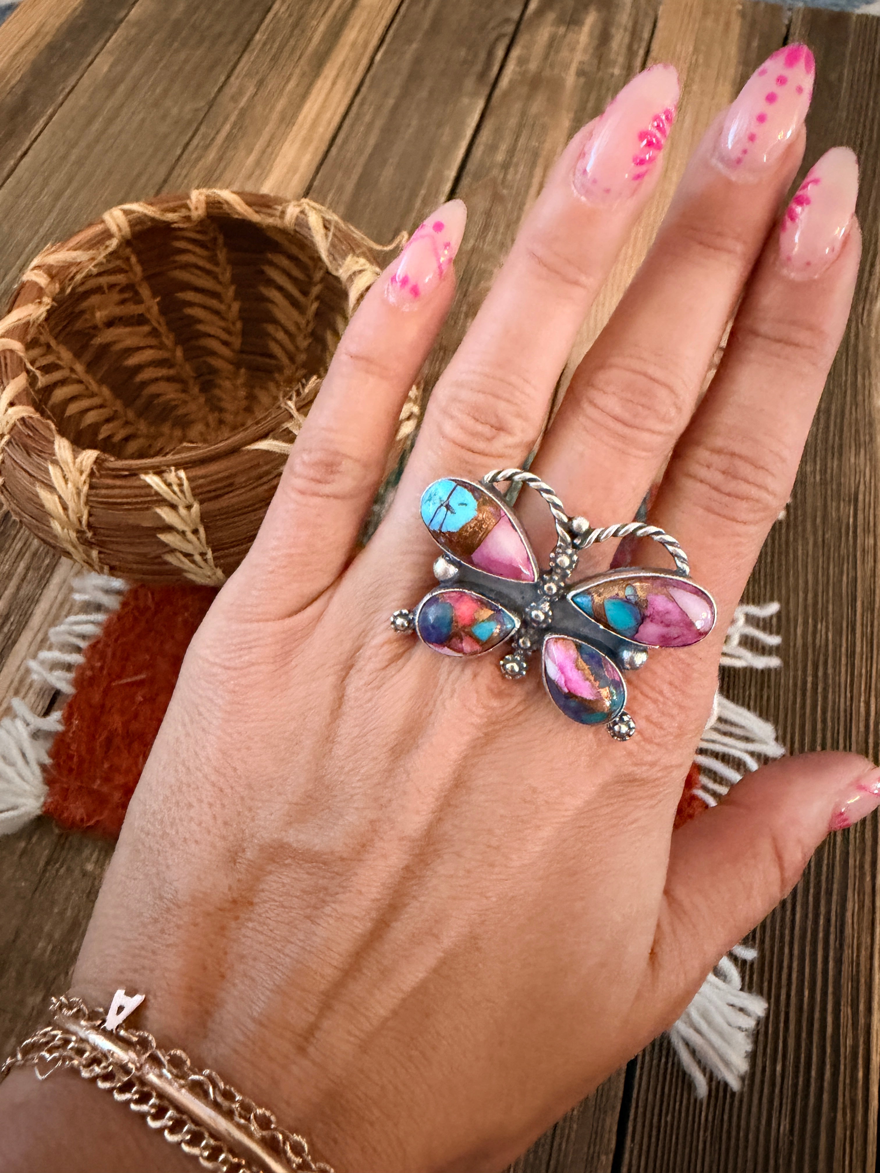 Handcrafted Pink Dream Mojave & Sterling Silver Adjustable Butterfly Ring