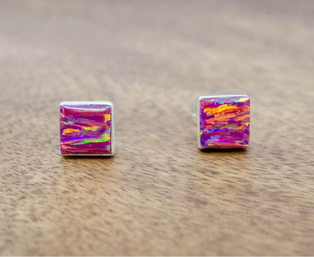 Square Pink Opal Sterling Silver Stud Earrings