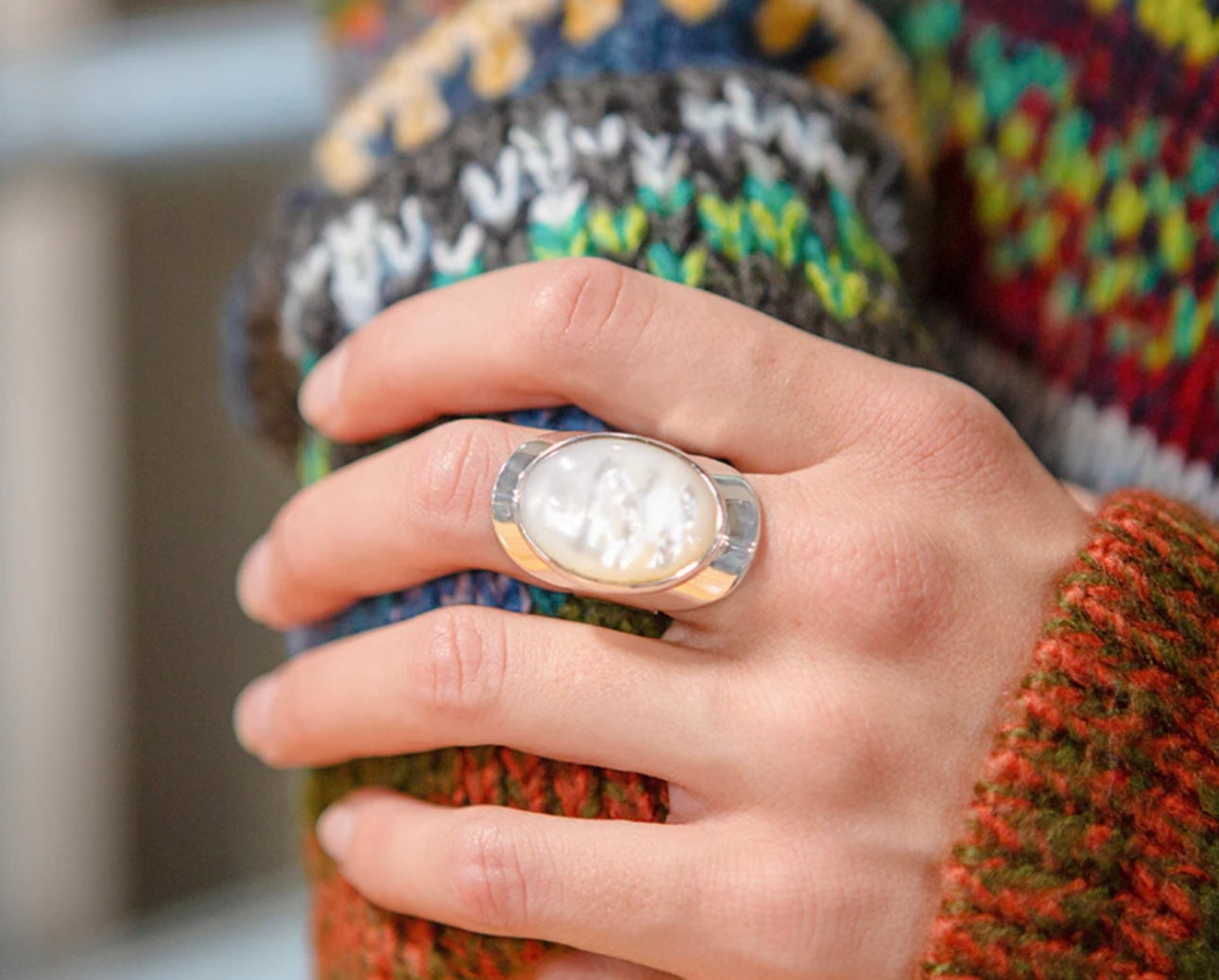 Mother of Pearl Sterling Silver Statement Ring Adjustable
