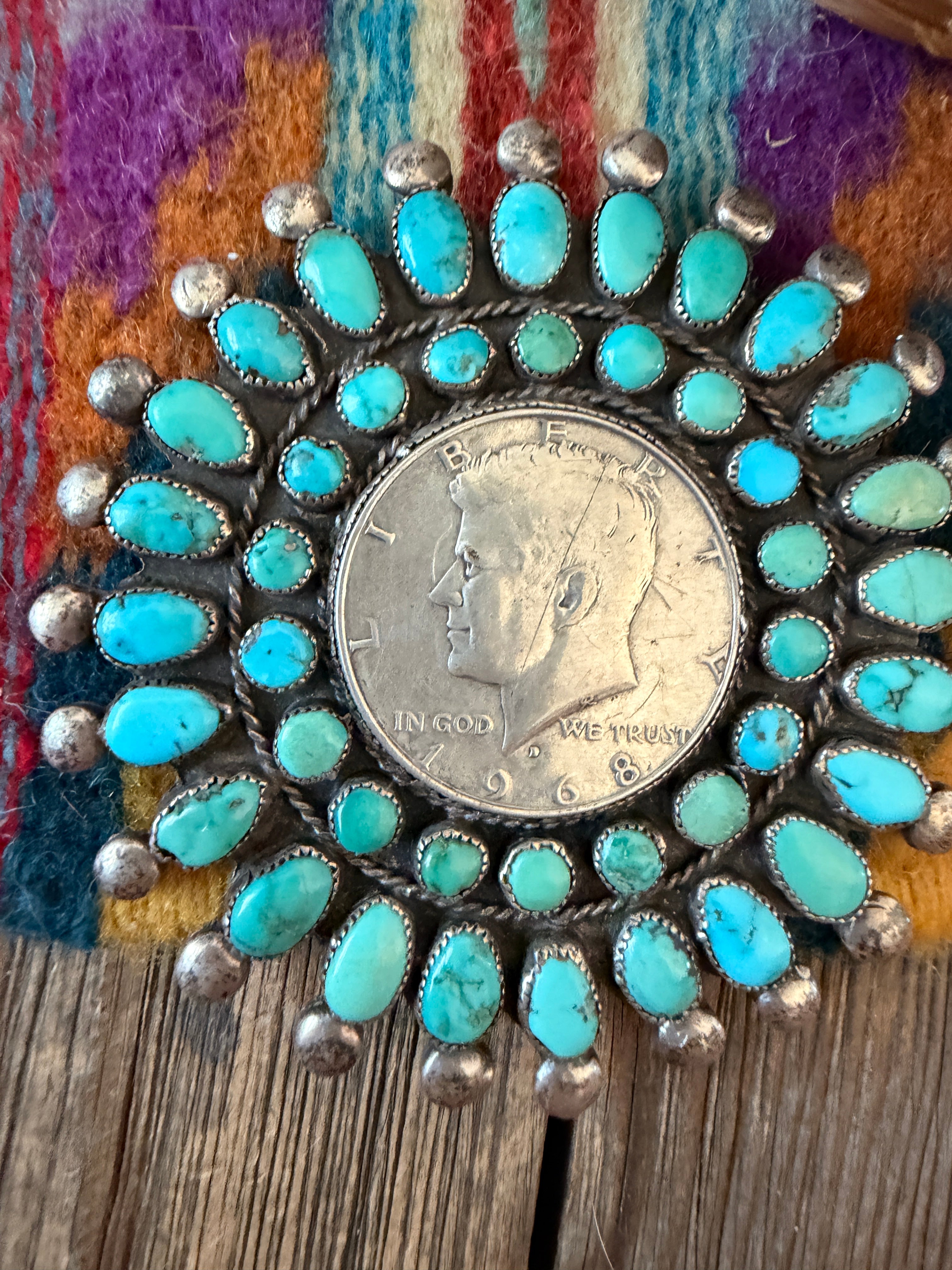 Old Pawn Handcrafted Turquoise and Sterling Silver Liberty Coin Cluster Brooch