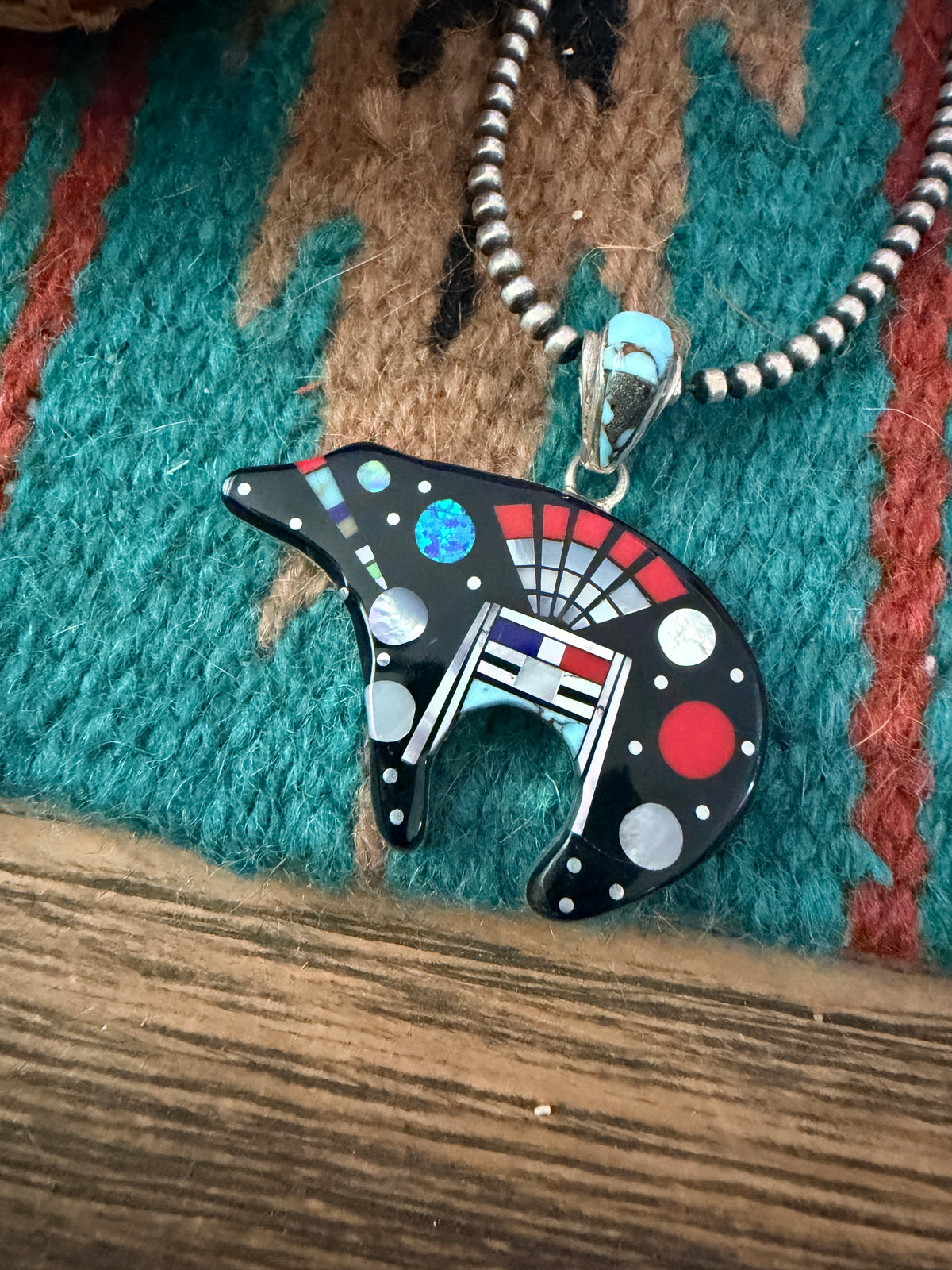 Handcrafted Old Pawn Sterling Silver and Multi Stone Inlay Bear Pendant