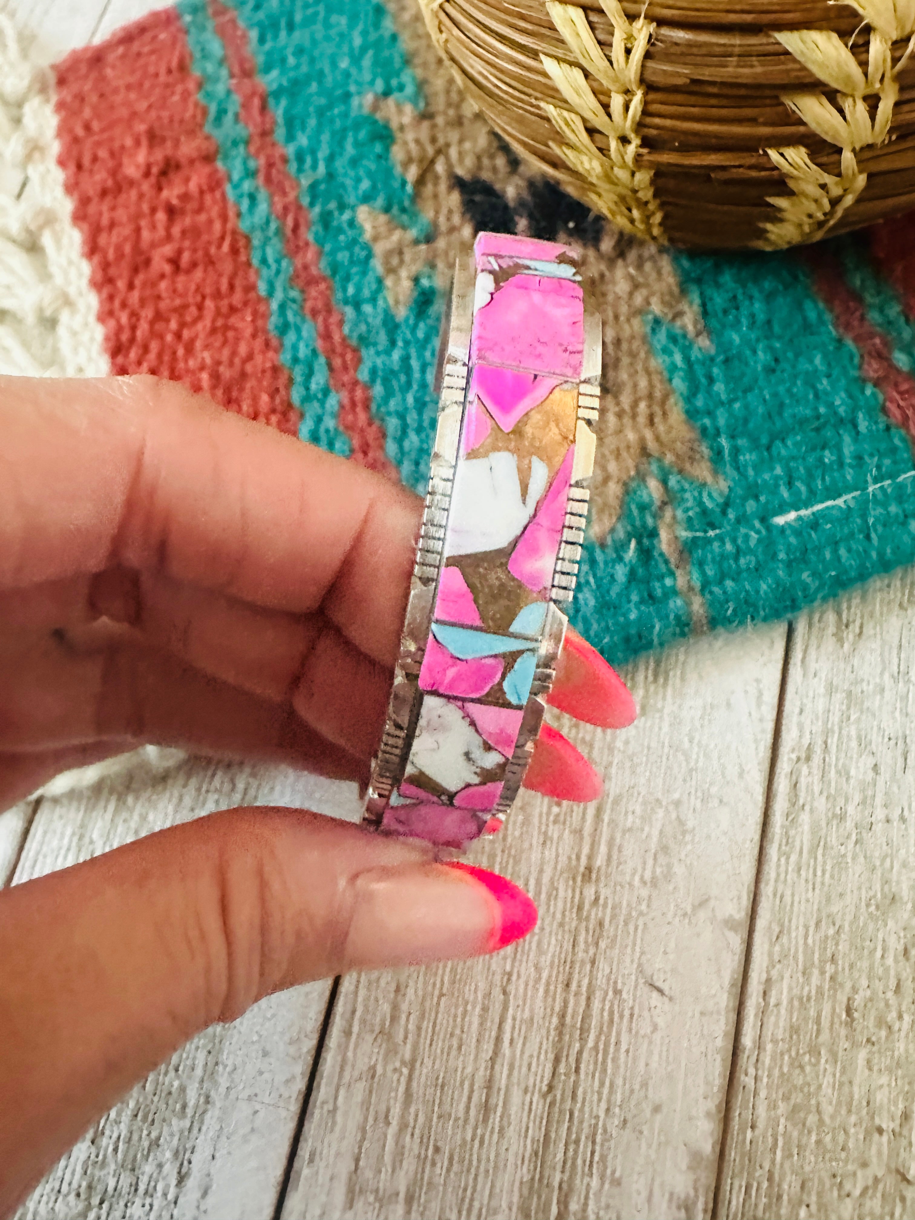 Handcrafted Cotton Candy & Sterling Silver Inlay Cuff Bracelet