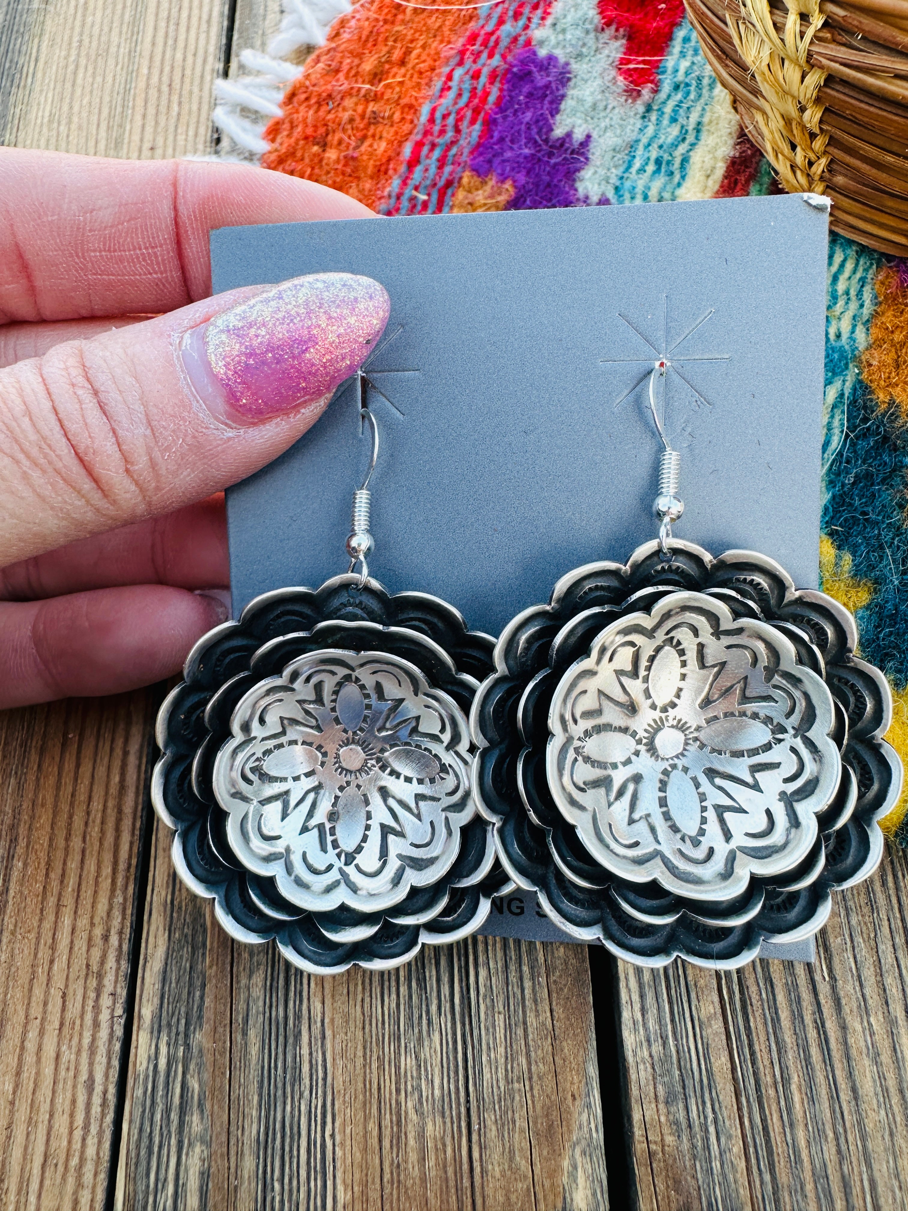 Handcrafted Sterling Silver Concho Dangle Earrings by Leander Tahe