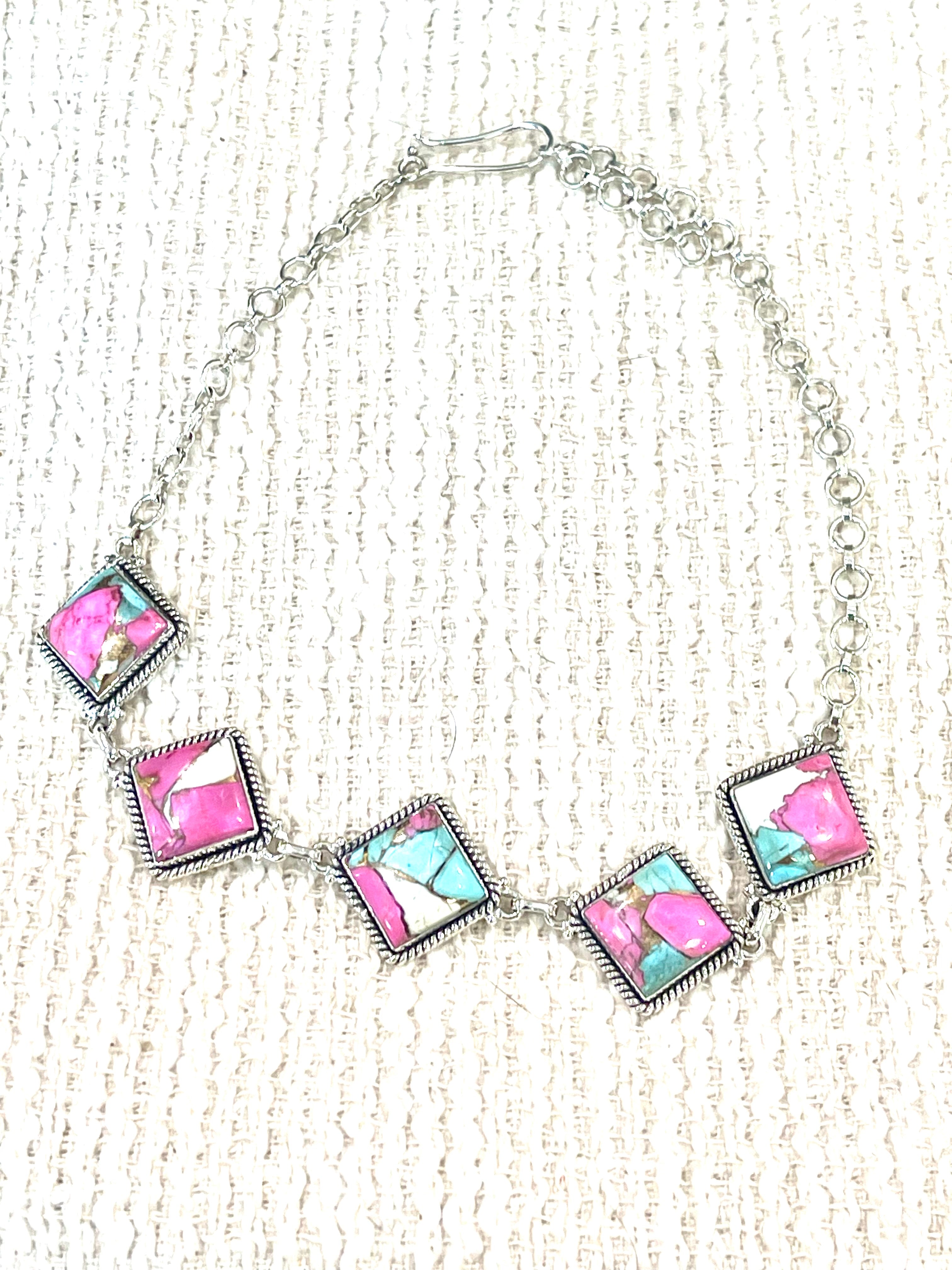 Handmade Sterling Silver Cotton Candy Turquoise Necklace with Signed Nizhoni