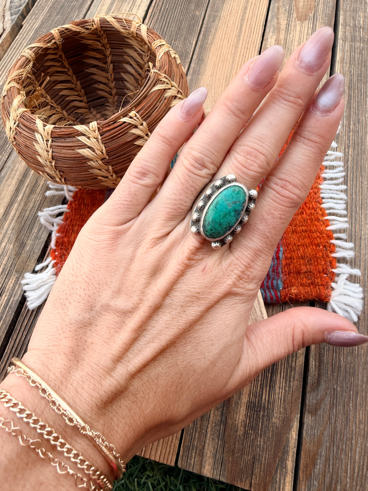 Old Pawn Handcrafted Turquoise & Sterling Silver Ring Size 8