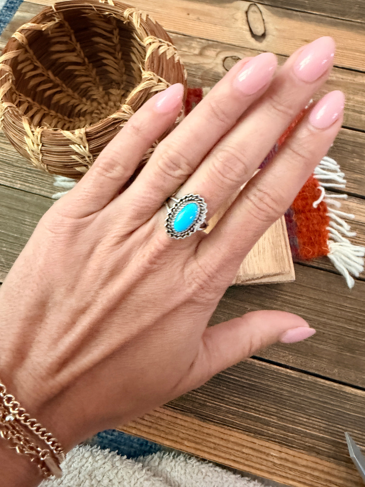 Old Pawn Handcrafted Turquoise & Sterling Silver Ring Size 5.5