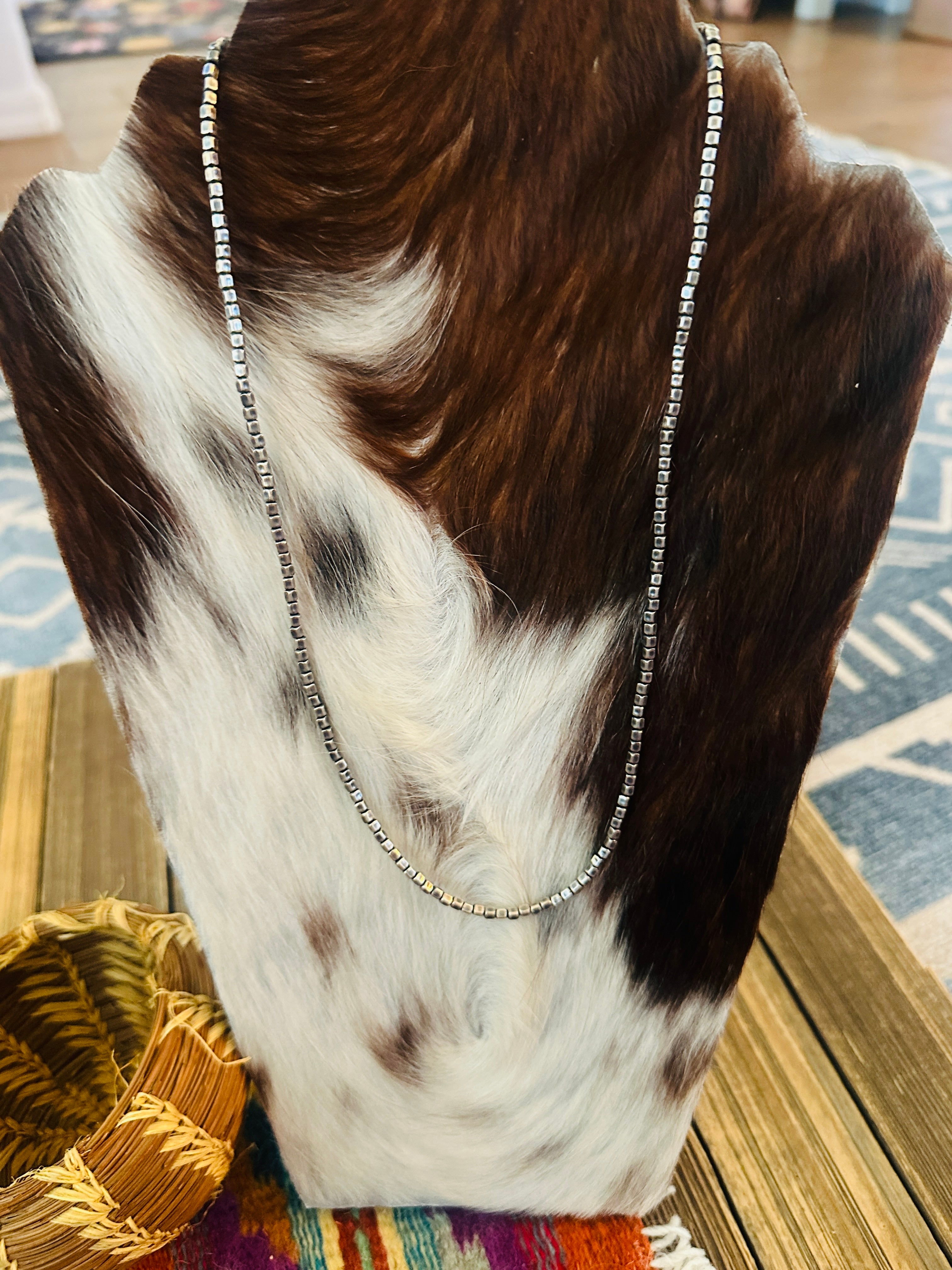 Handcrafted Sterling Silver Box Pearl Beaded 22” Necklace