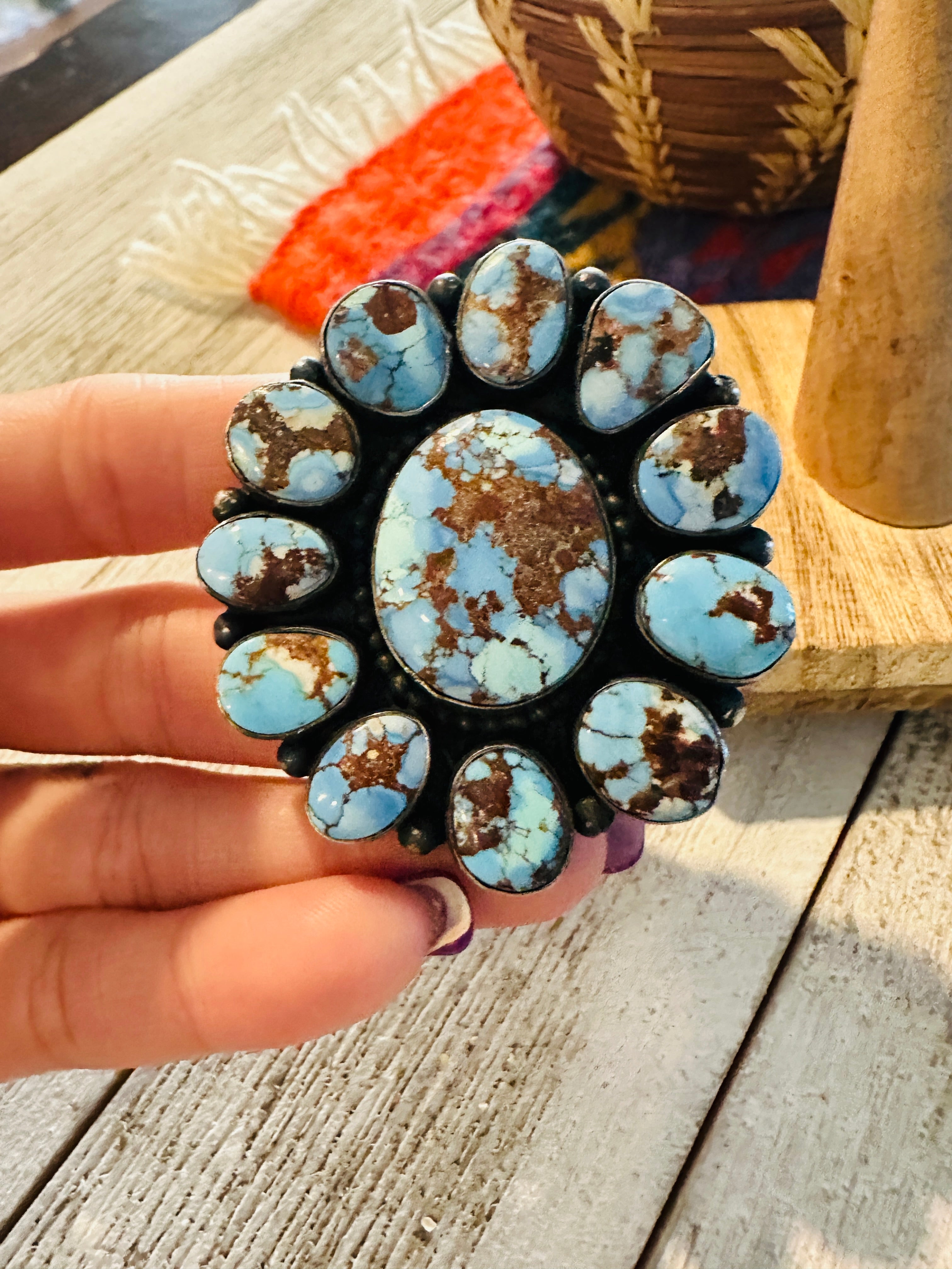 Navajo Golden Hills Turquoise & Sterling Silver Cluster Ring by Blaine Yellowhorse, Size 8.5