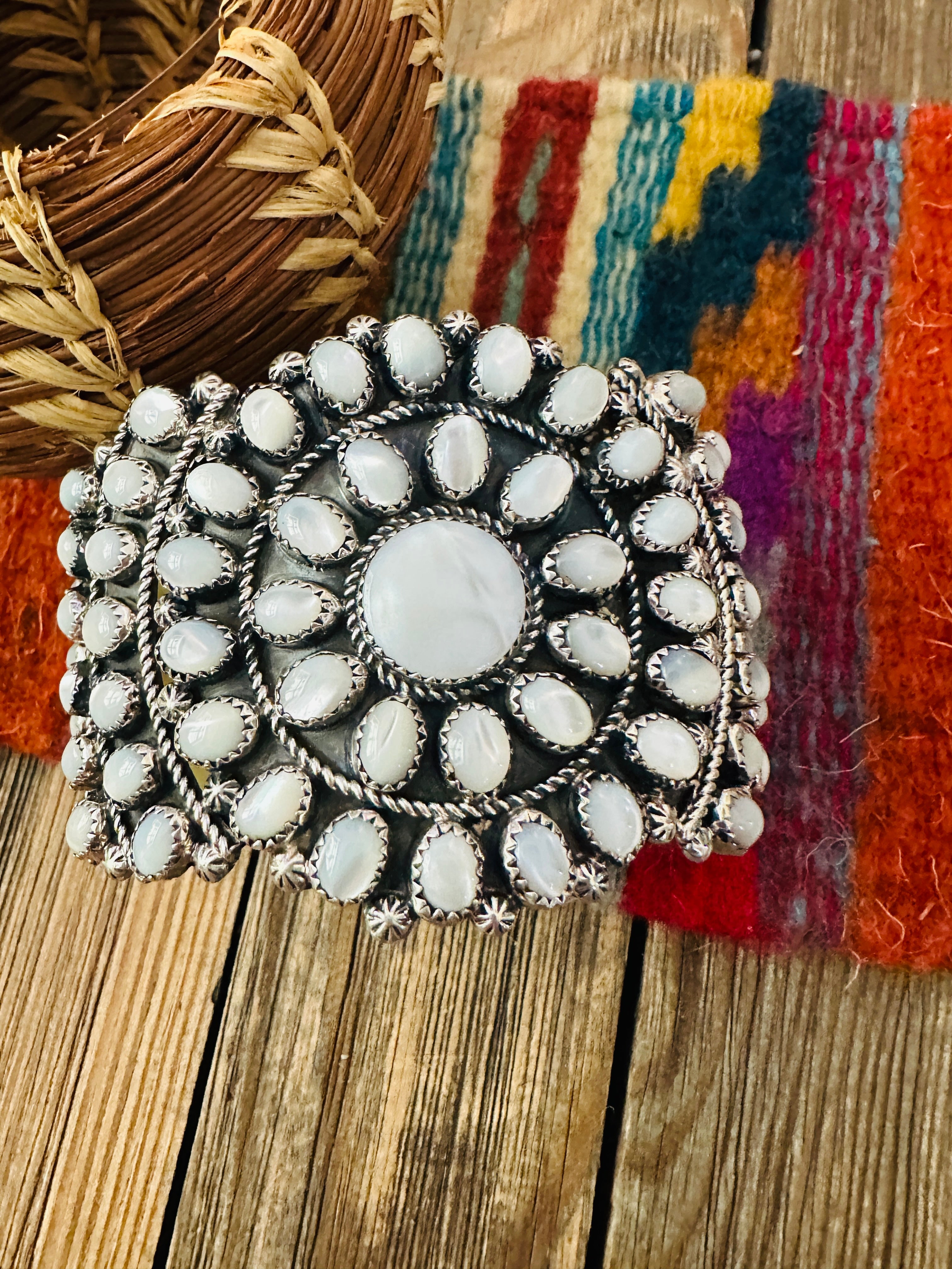 Handcrafted Old Pawn Sterling Silver & Mother of Pearl Cuff Bracelet