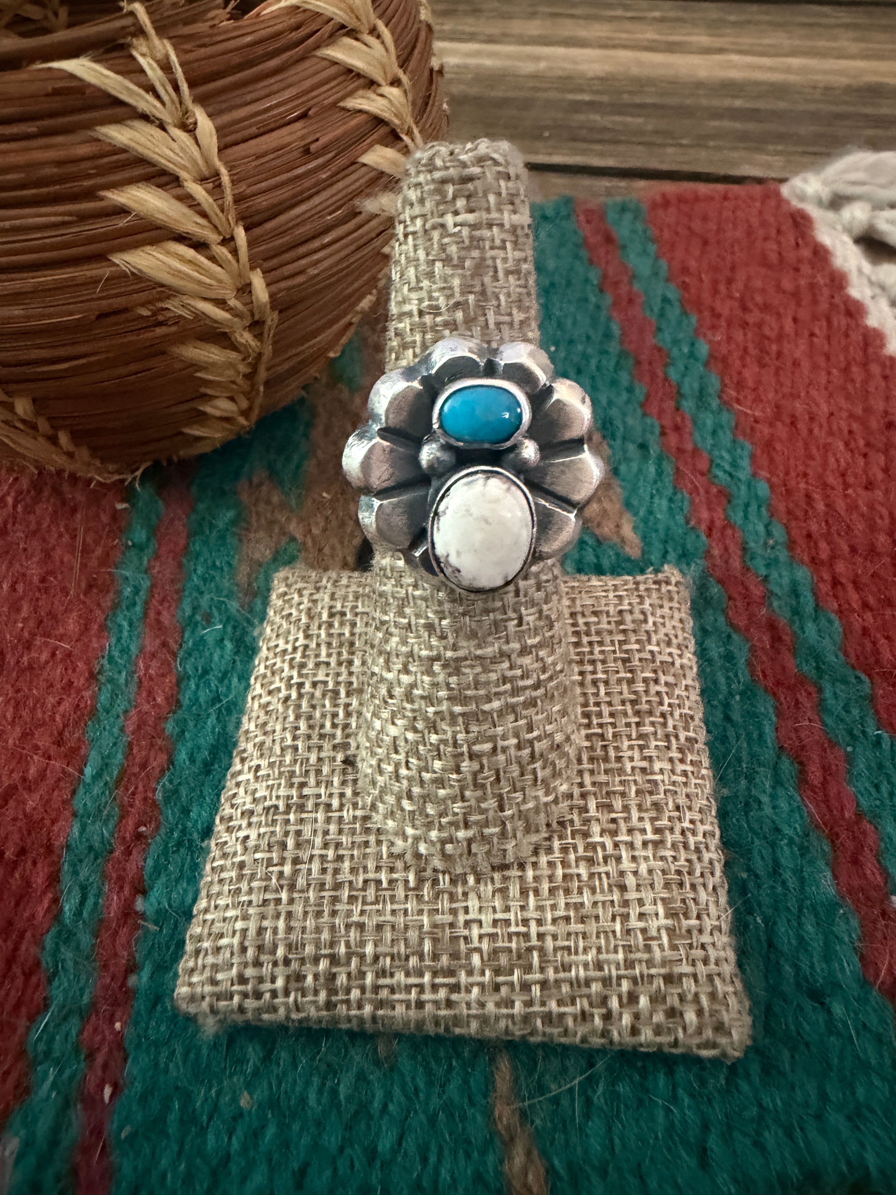 Handcrafted White Buffalo, Turquoise and Sterling Silver Flower Ring size 6.25 by Chimney Butte