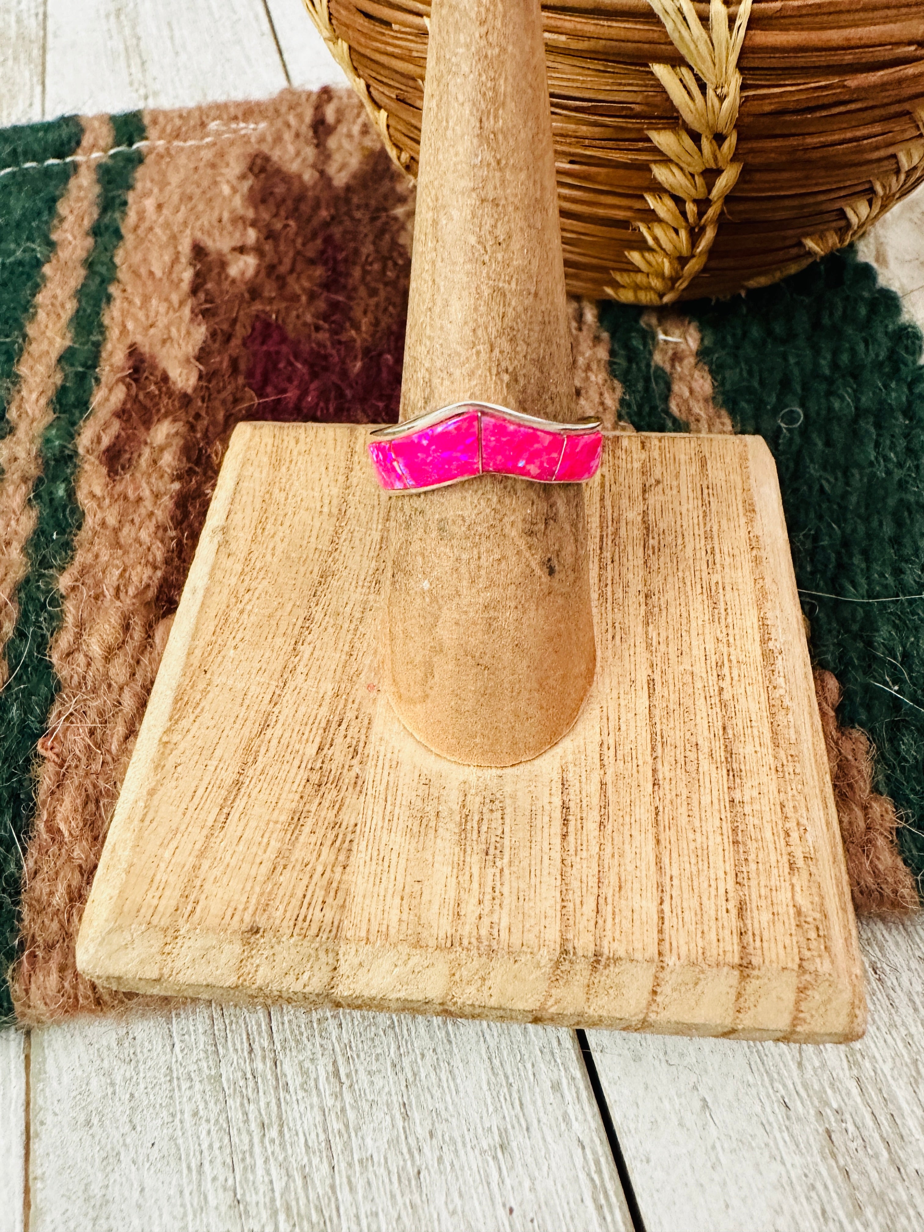 Handcrafted Sterling Silver & Pink Opal Inlay Band Ring