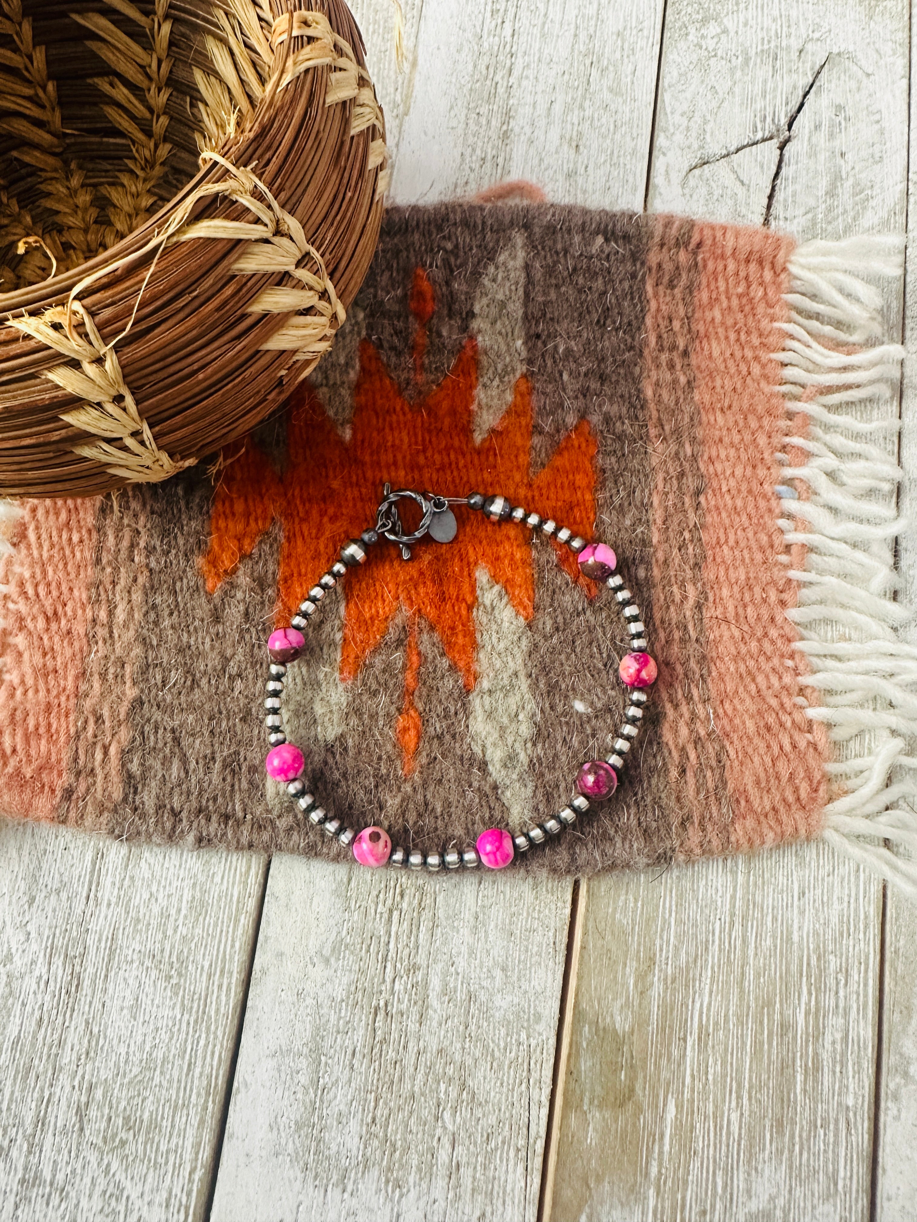 Handcrafted Pink Mojave and Sterling Silver Pearl Beaded Bracelet