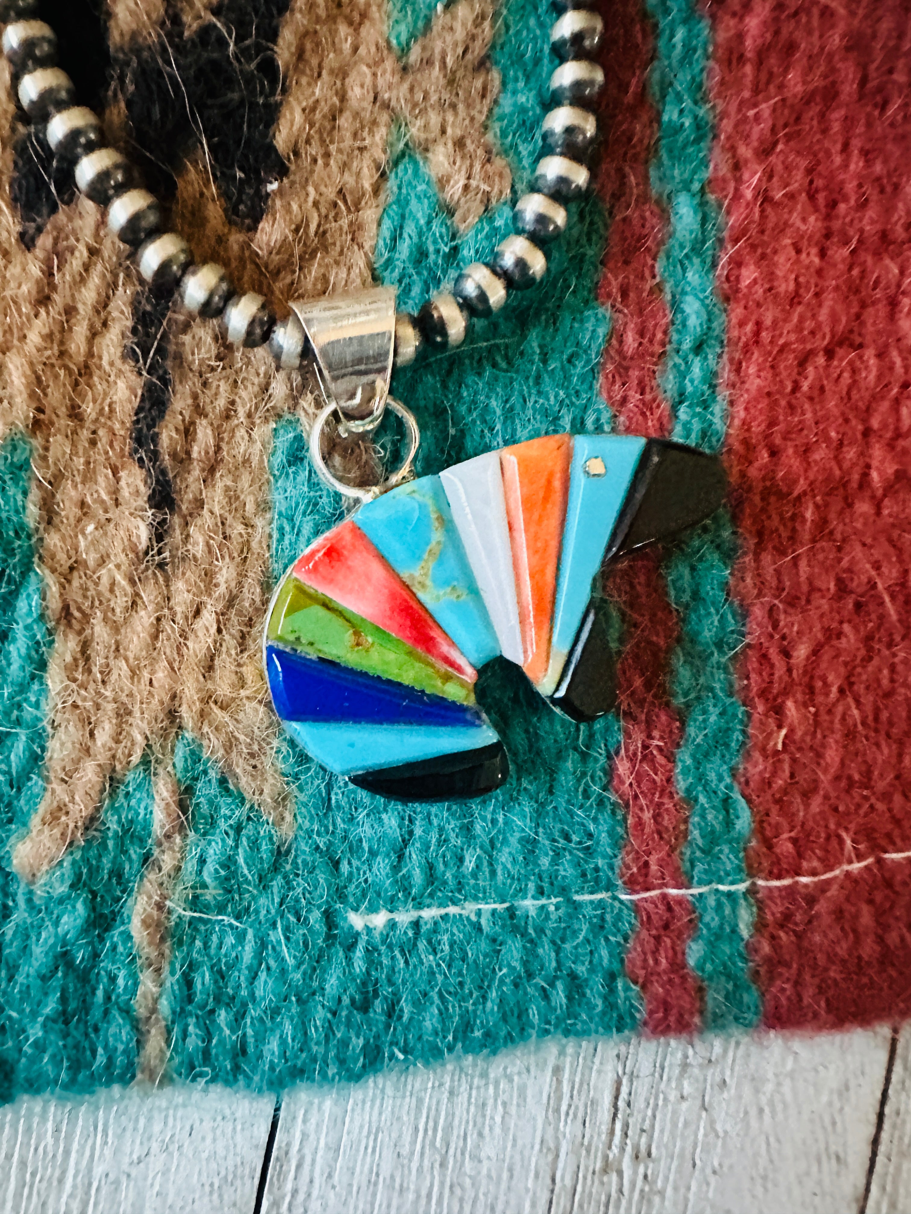 Handcrafted Multi Stone & Sterling Silver Inlay Fetish Bear Pendant