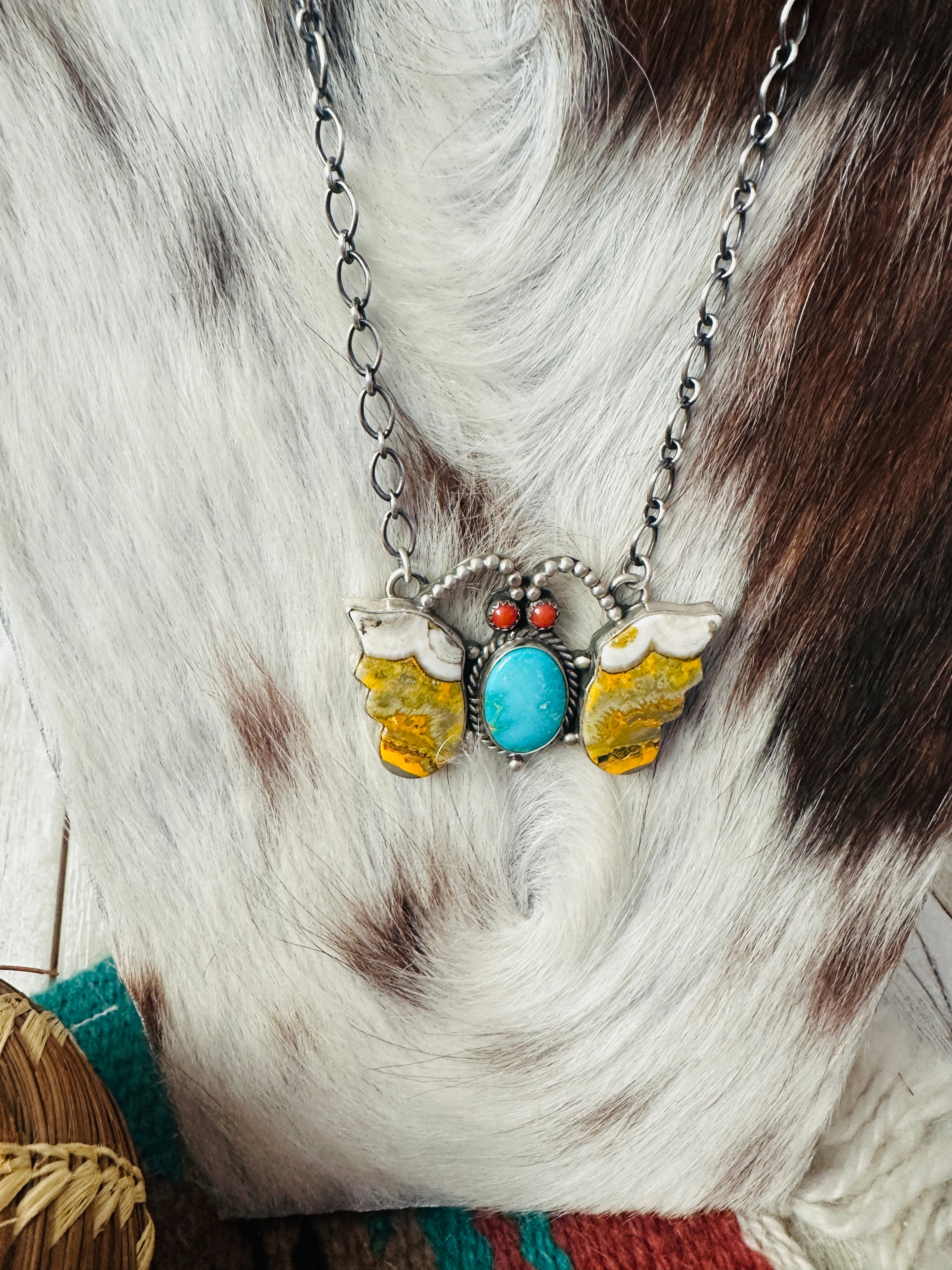 Handcrafted Sterling Silver, Bumblebee, Turquoise & Coral Butterfly Necklace by Patrick Yazzie