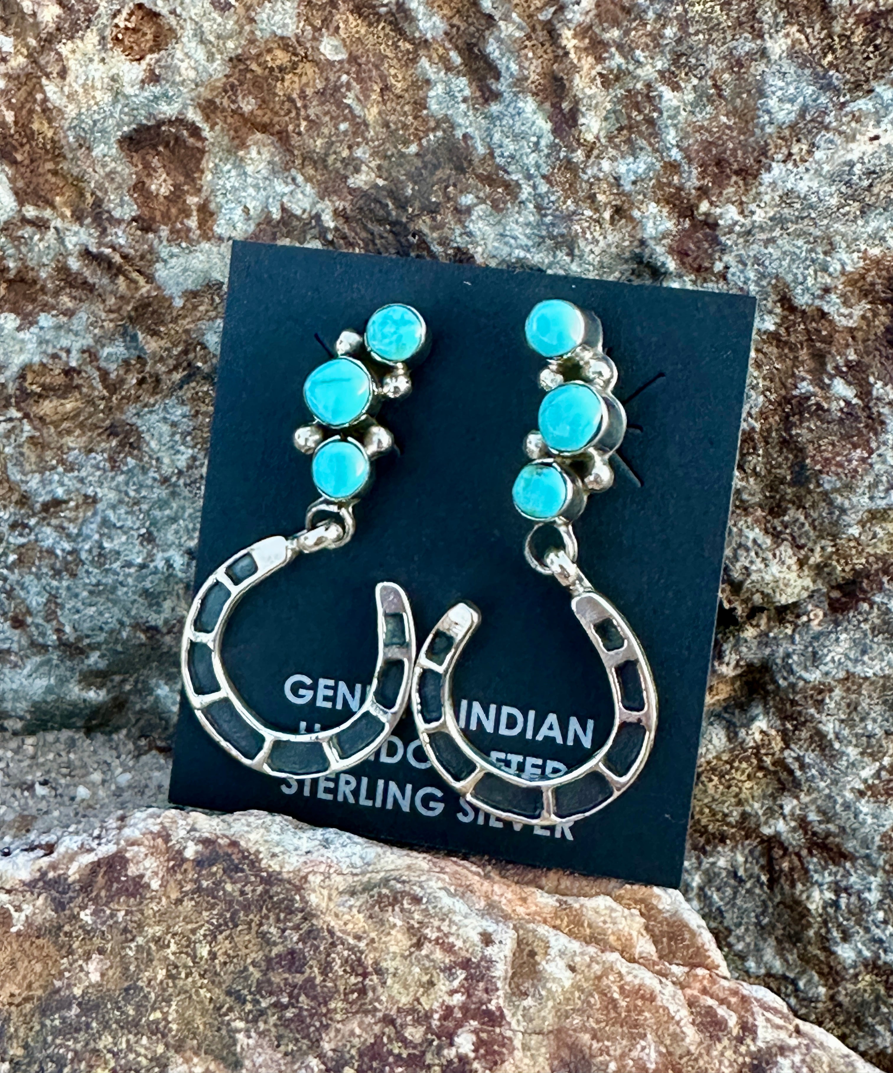 Handcrafted 3 Stone Turquoise & Sterling Silver Horseshoe Earrings