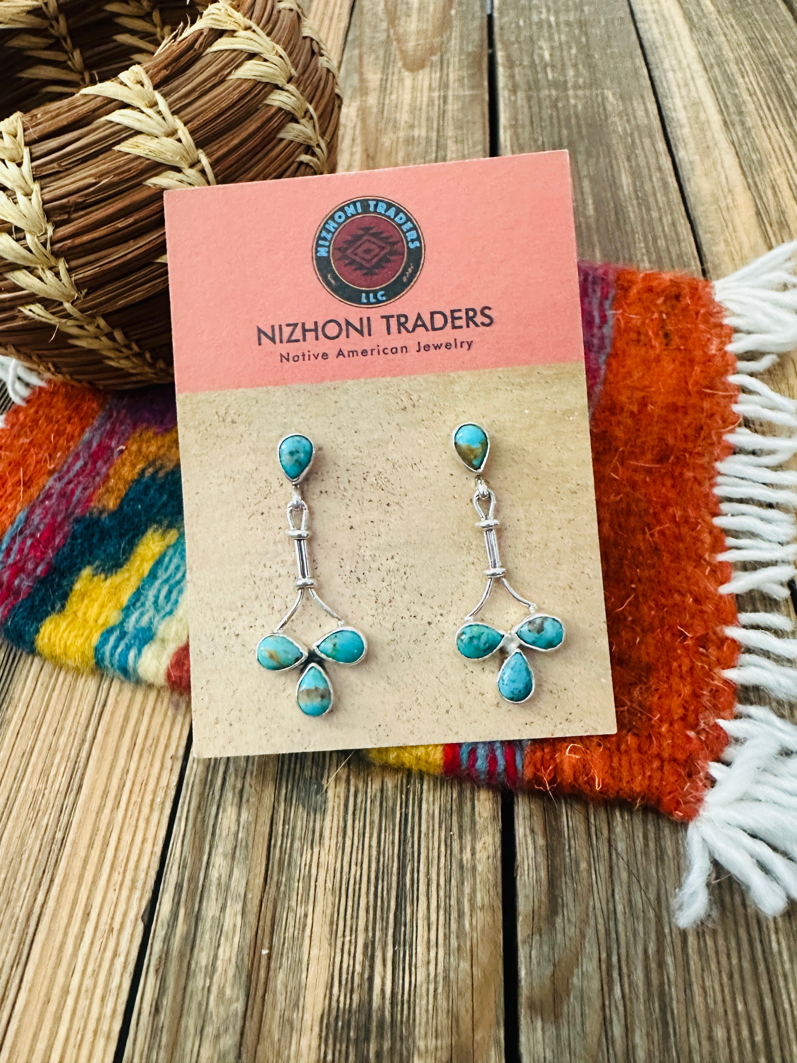 Handcrafted Turquoise & Sterling Silver Cluster Dangle Earrings