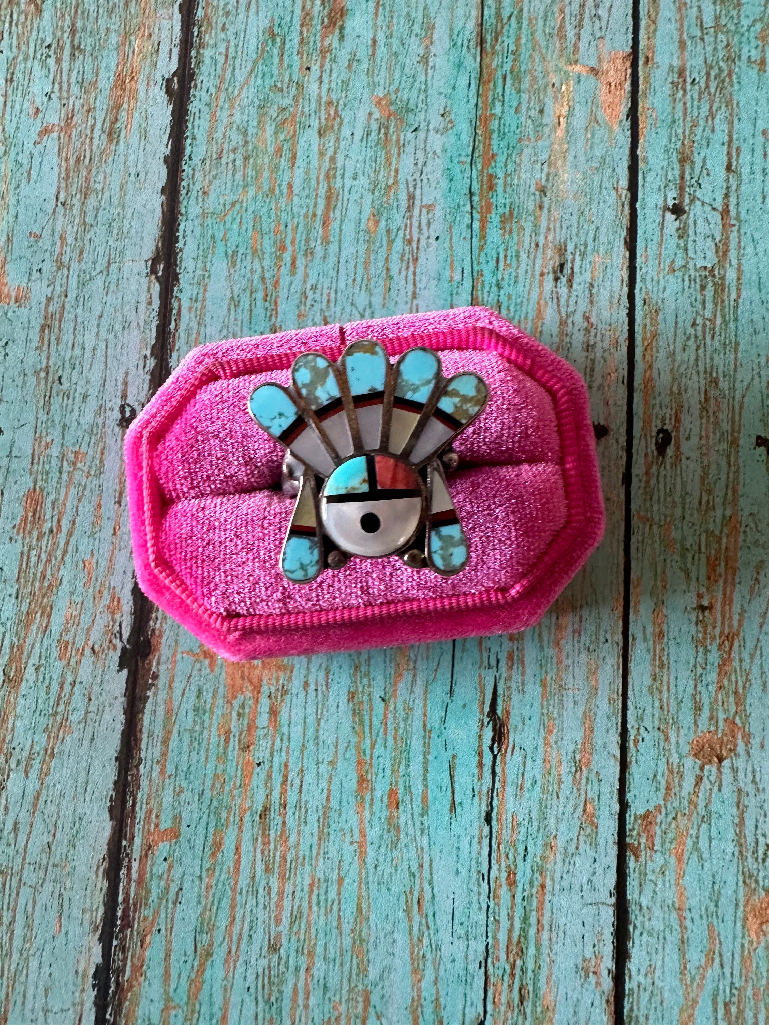 Handmade Sterling Silver & Multi Stone Inlay Sunface Adjustable Ring