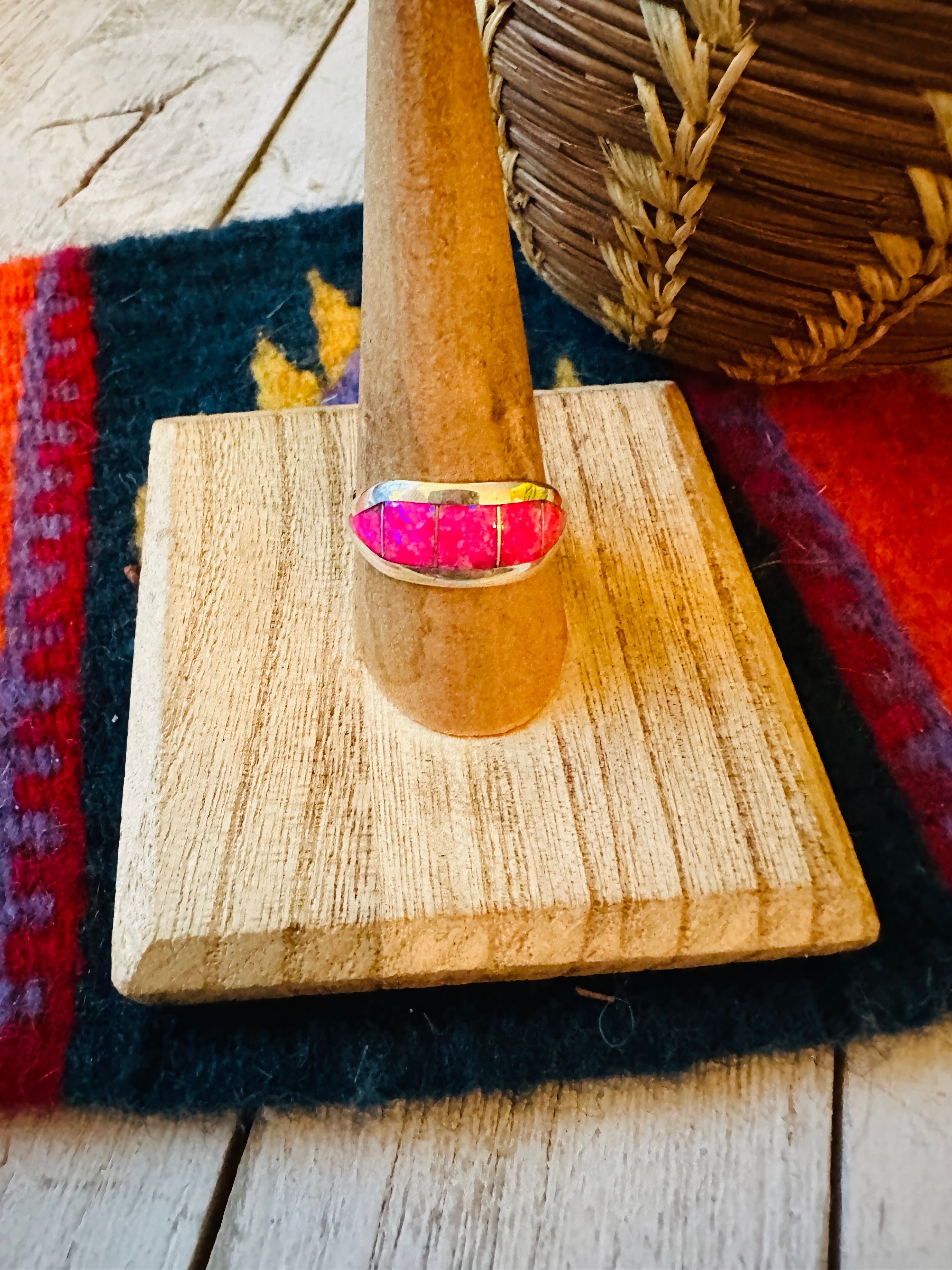 Handcrafted Pink Opal & Sterling Silver Inlay Band Ring Signed