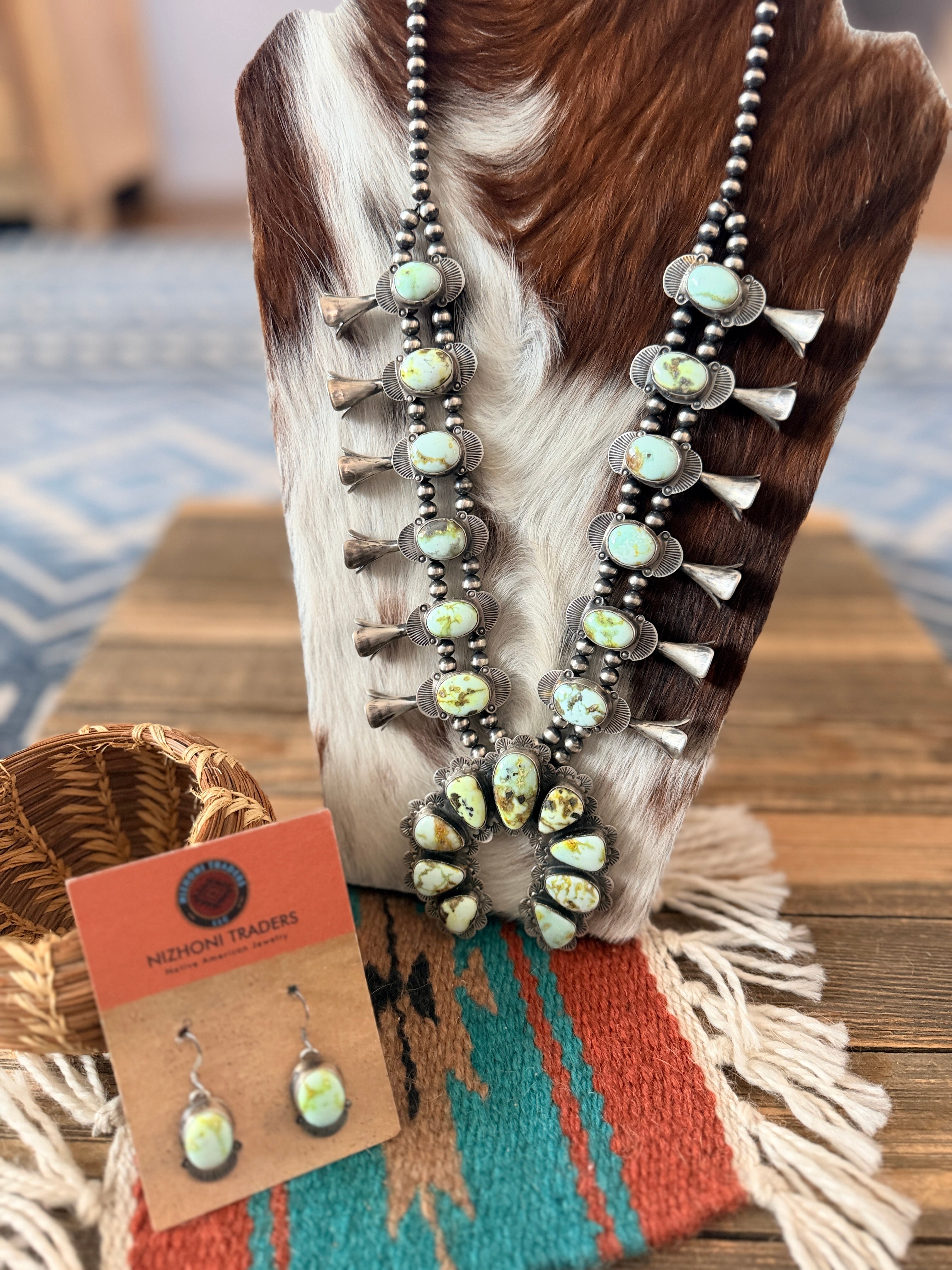 Handcrafted Palomino Turquoise & Sterling Silver Beaded Squash Blossom Necklace Set by Kee Johnson