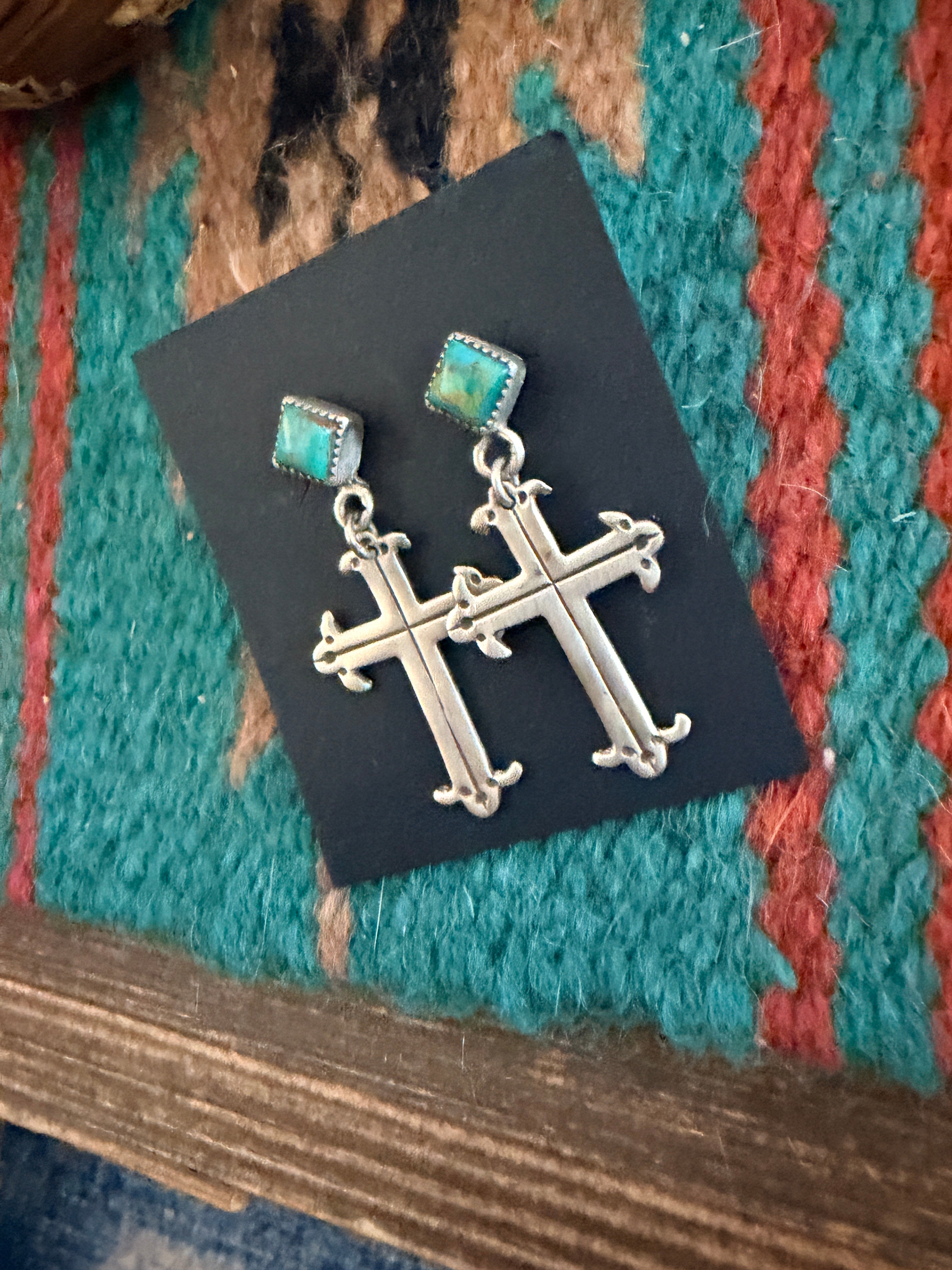 Handcrafted Turquoise & Sterling Silver Cross Dangle Earrings