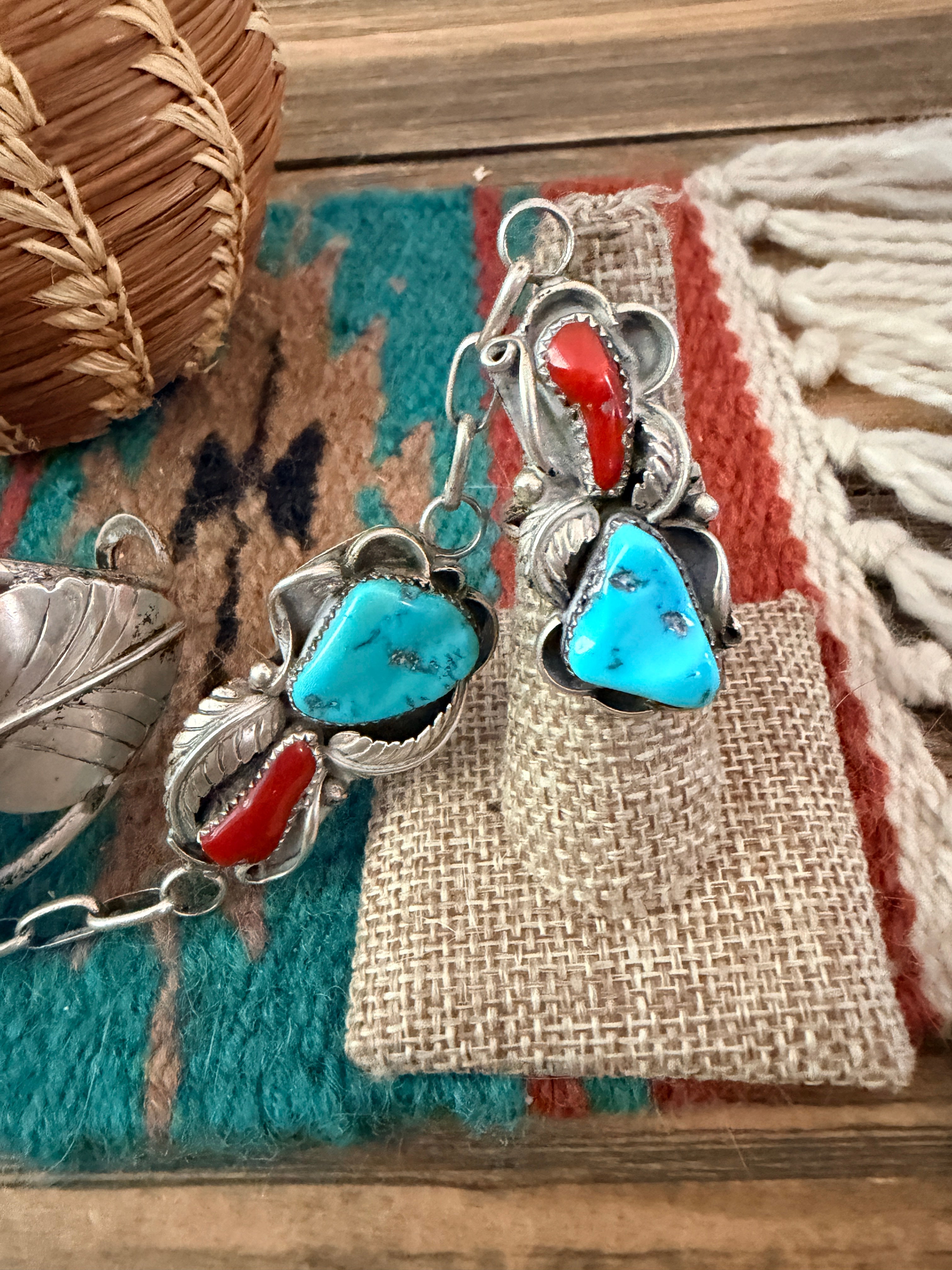 Handcrafted Old Pawn Turquoise, Coral & Sterling Silver Cuff Bracelet with Hand Chain