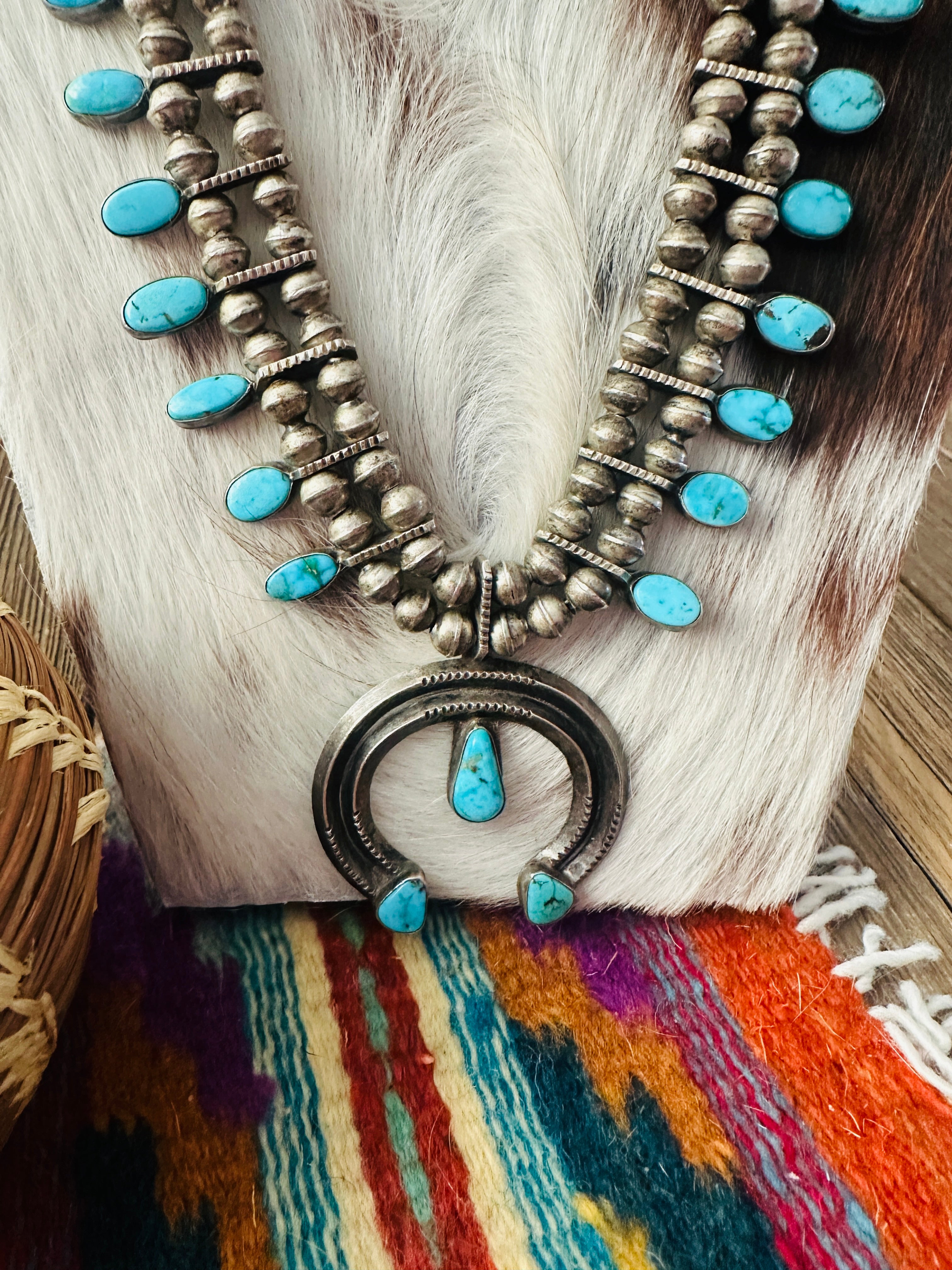 Old Pawn Handcrafted Turquoise & Sterling Silver Squash Blossom Necklace