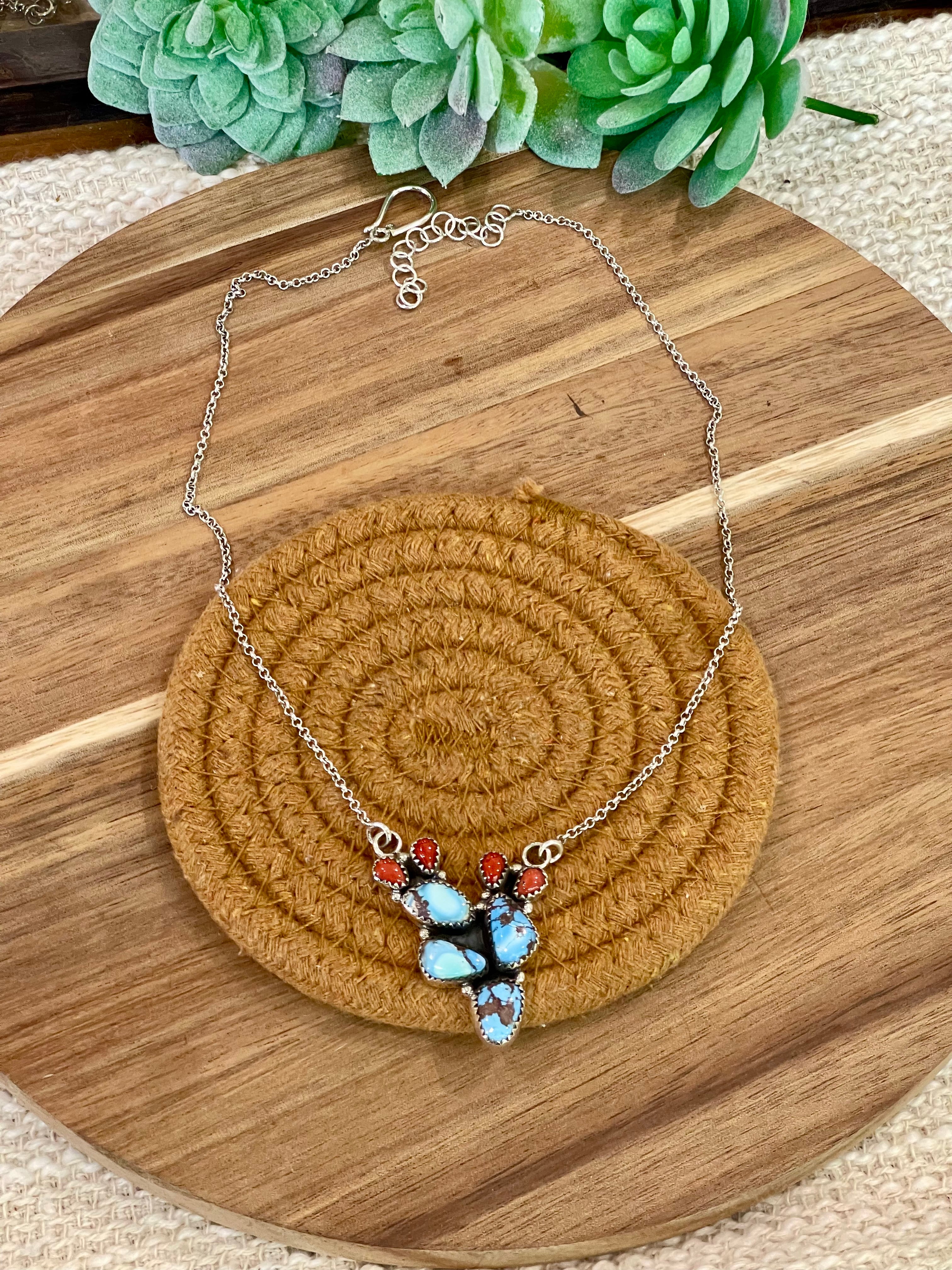 Handmade Sterling Silver, Golden Hills Turquoise & Coral Necklace Signed Nizhoni