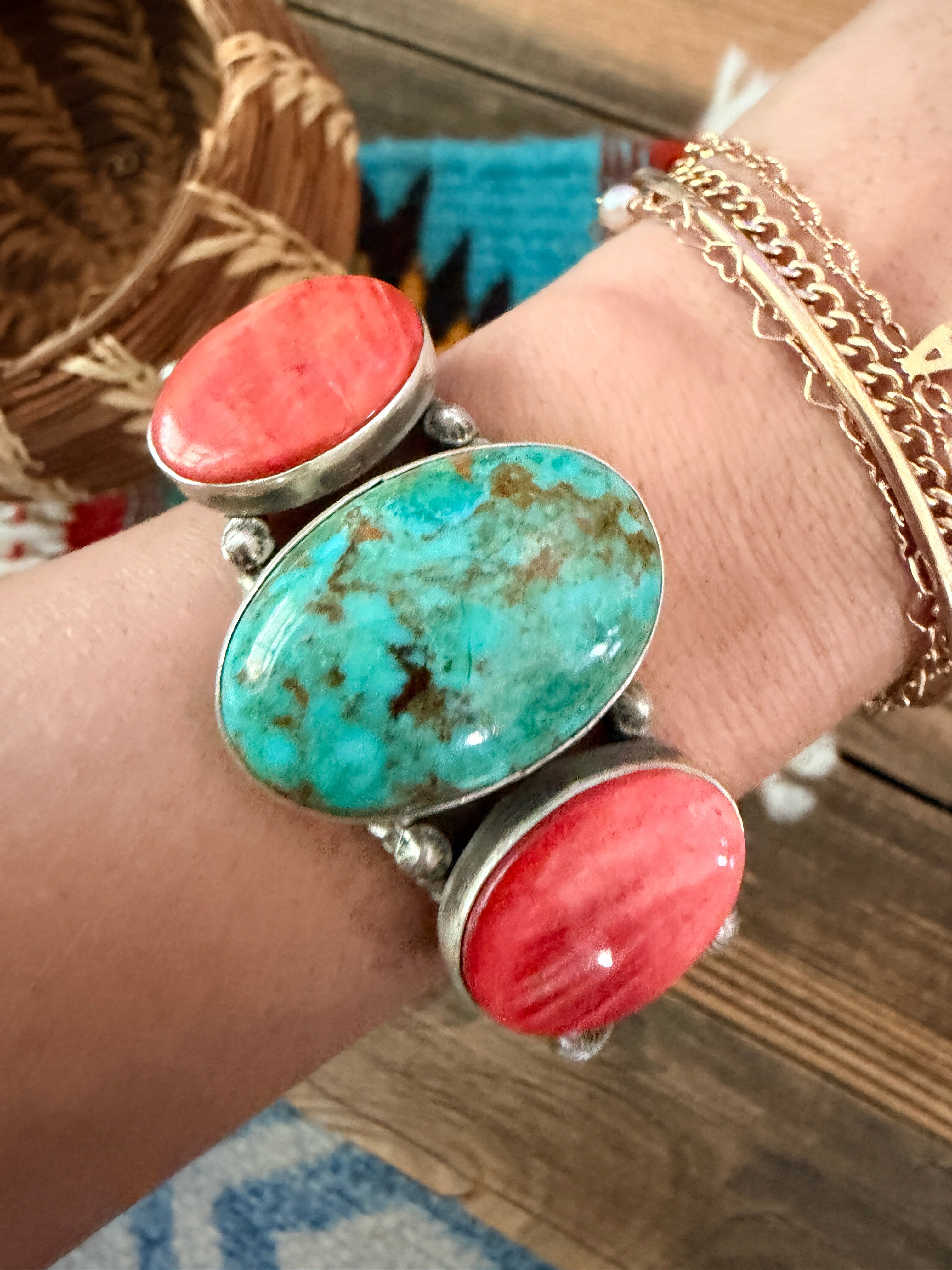 Handcrafted Spiny Oyster, Turquoise & Sterling Silver Cuff Bracelet by Patrick Yazzie