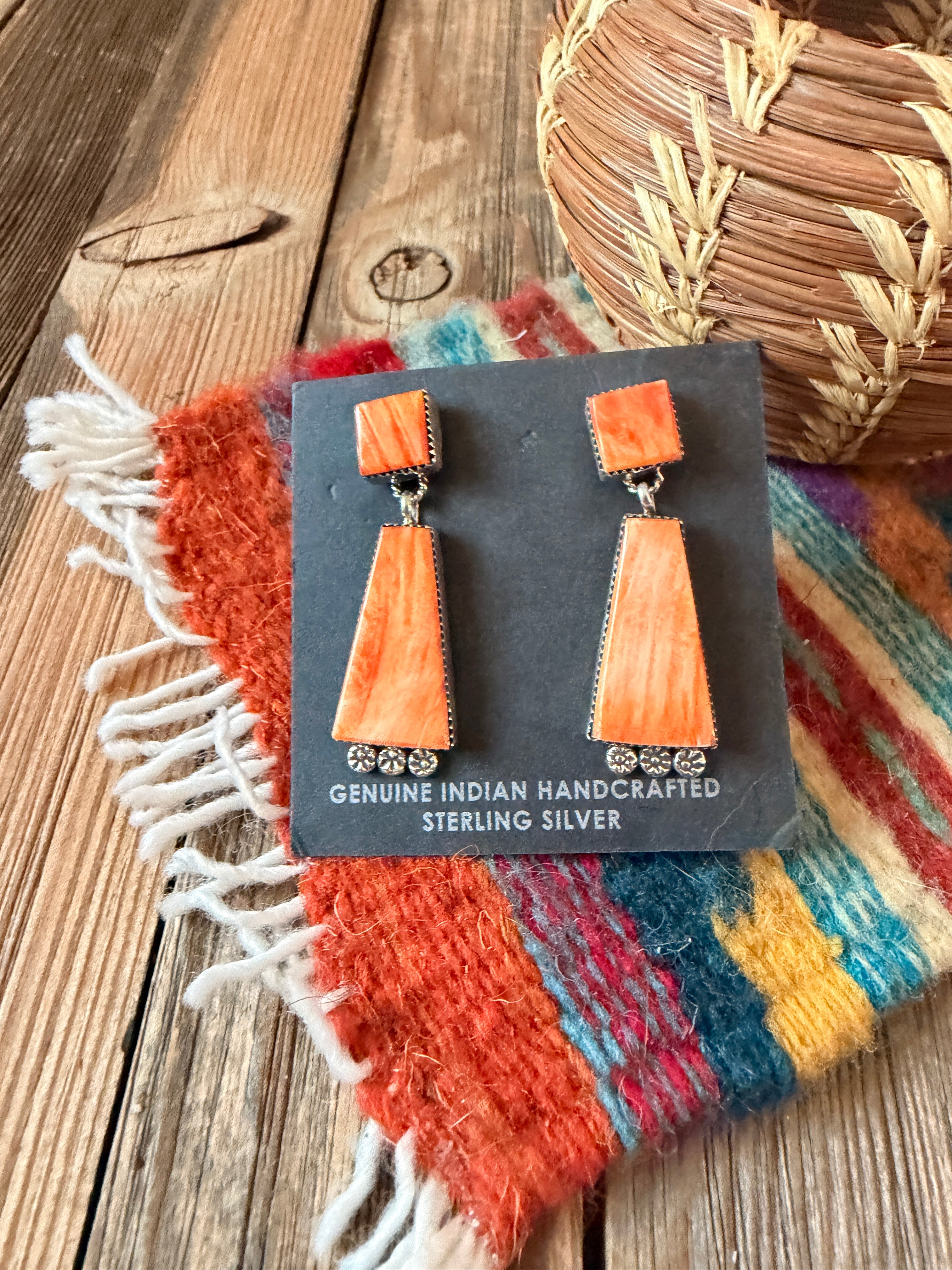 Handcrafted Orange Spiny And Sterling Silver Dangle Earrings
