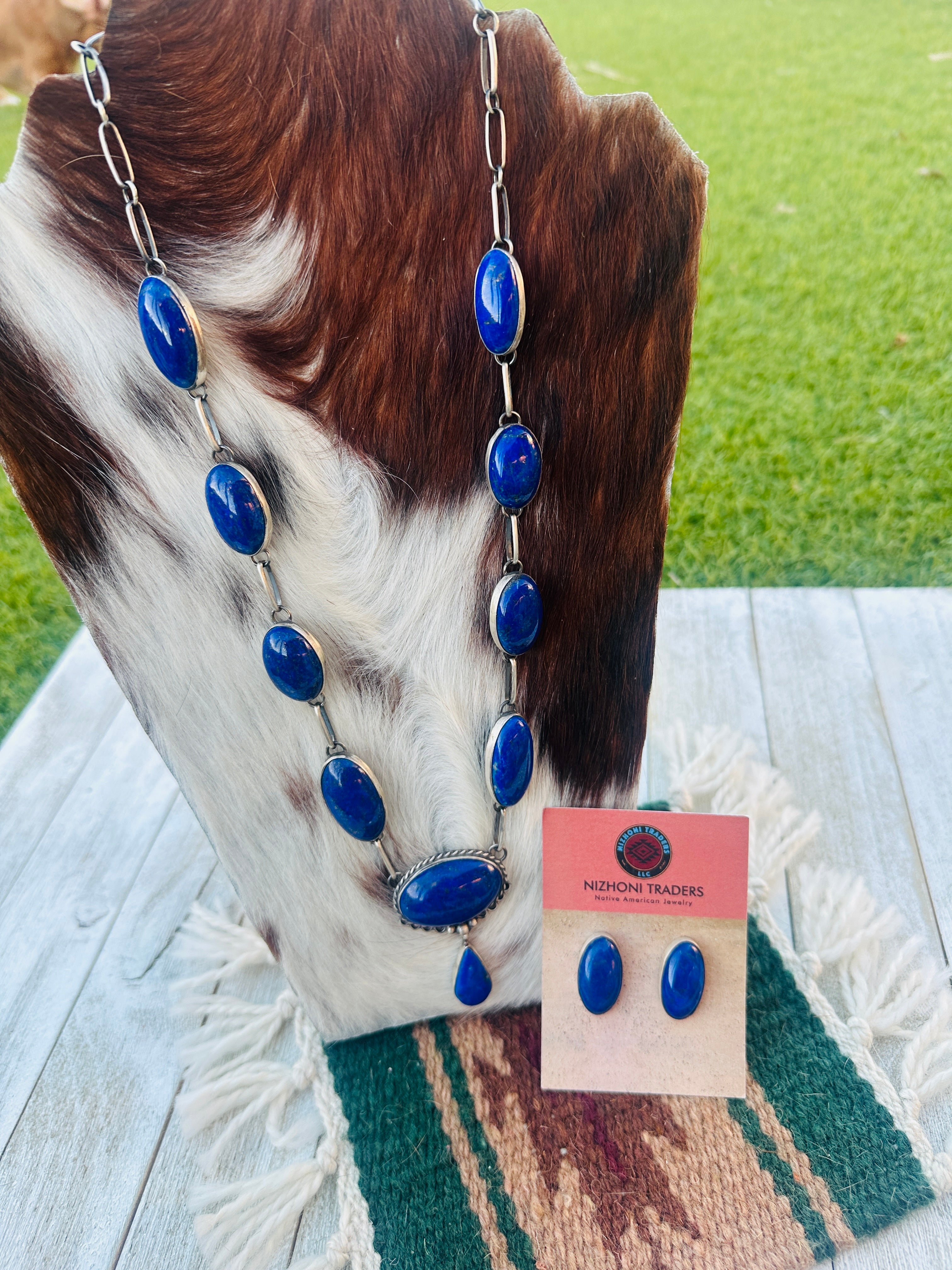 Handcrafted Lapis & Sterling Silver Cluster Necklace and Earring Set