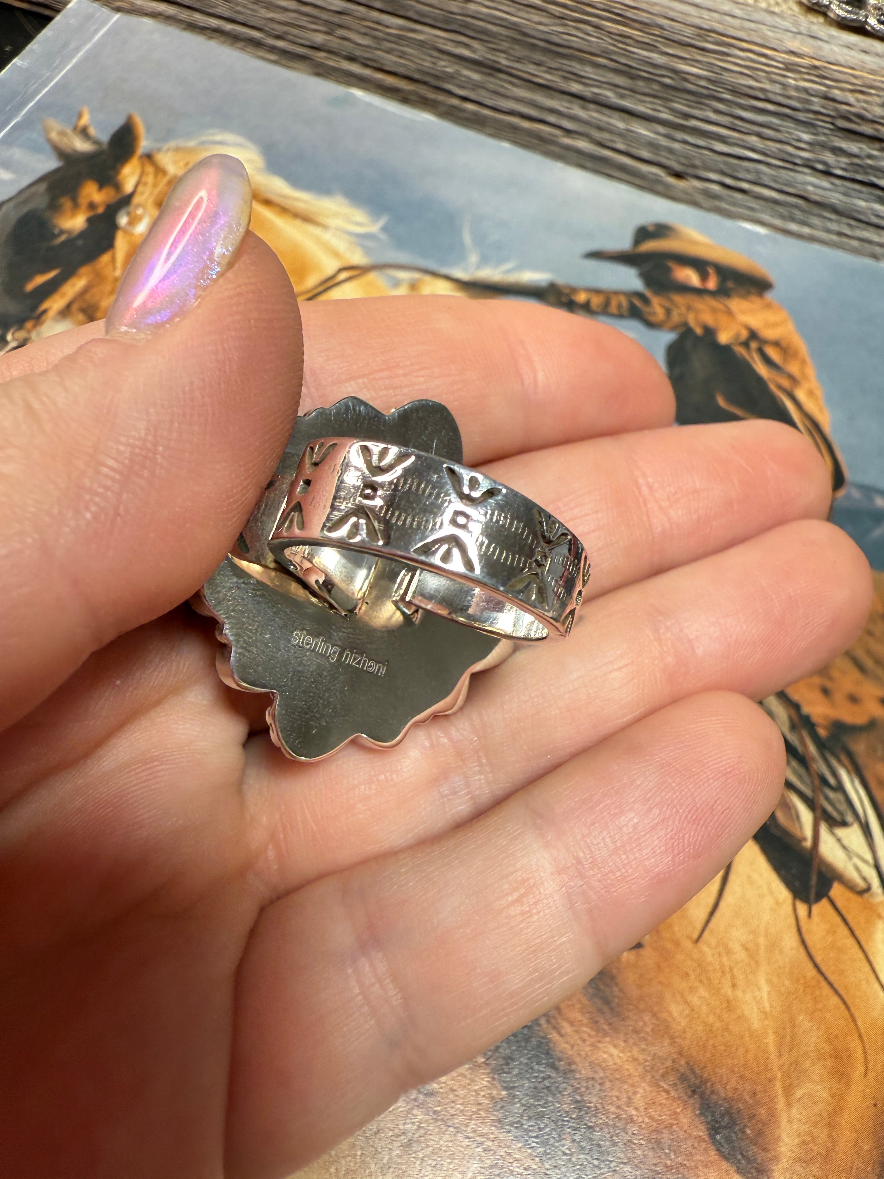 Handmade Pink Conch, Purple Fire Opal & Sterling Silver Adjustable Ring CIRCLE