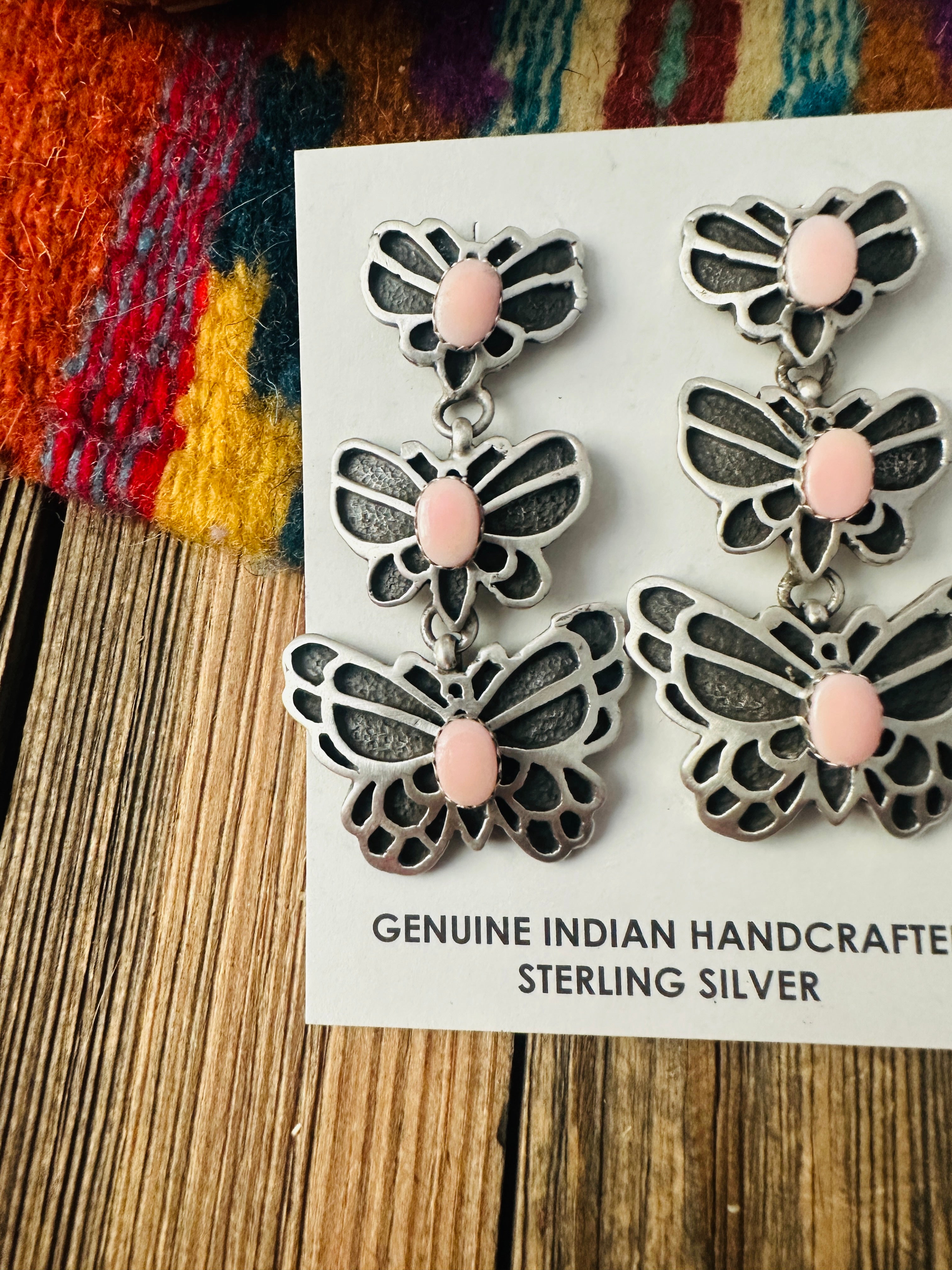 Handcrafted Queen Pink Conch & Sterling Silver Butterfly Dangle Earrings