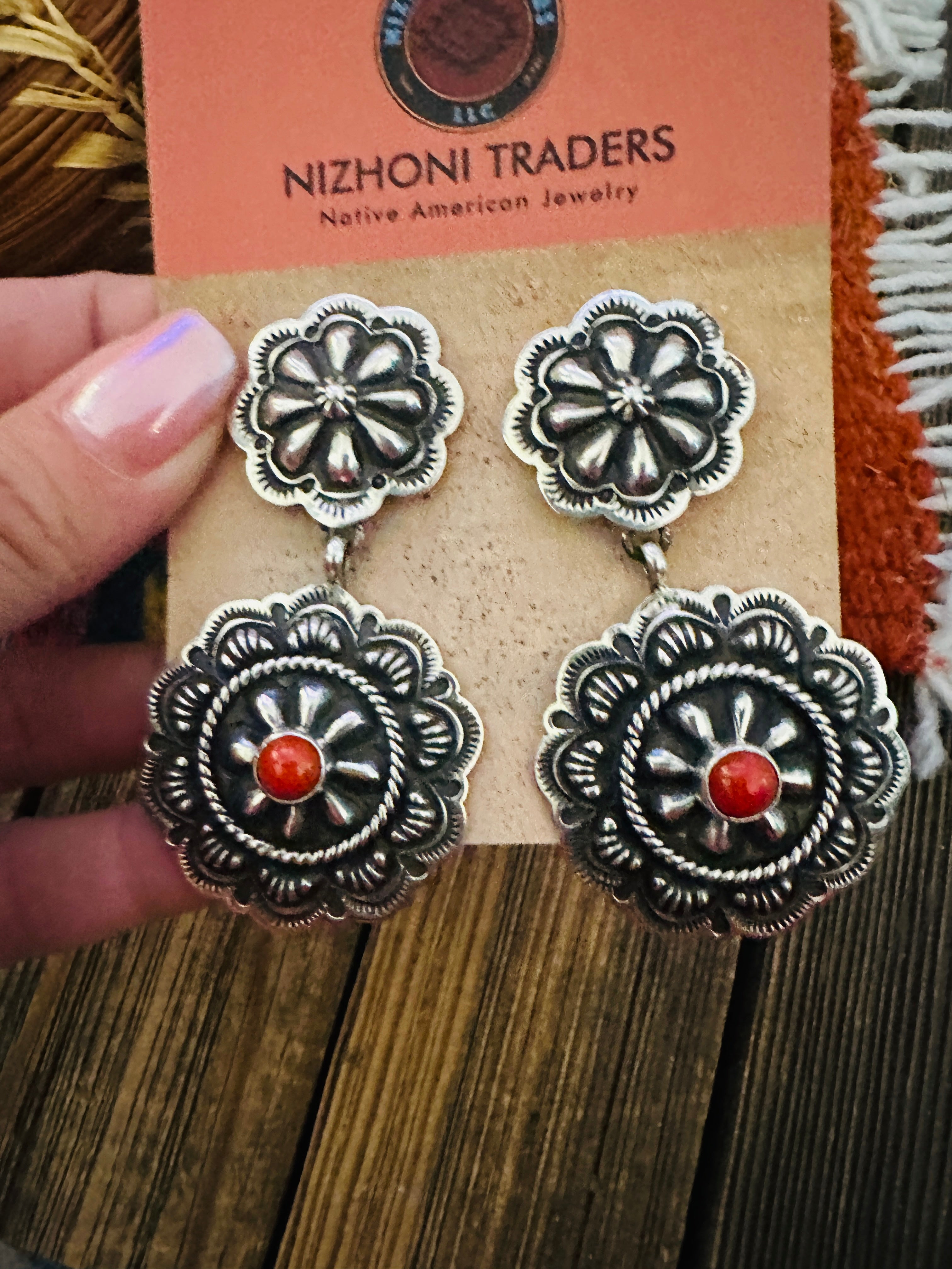 Handcrafted Coral & Sterling Silver Concho Dangle Earrings