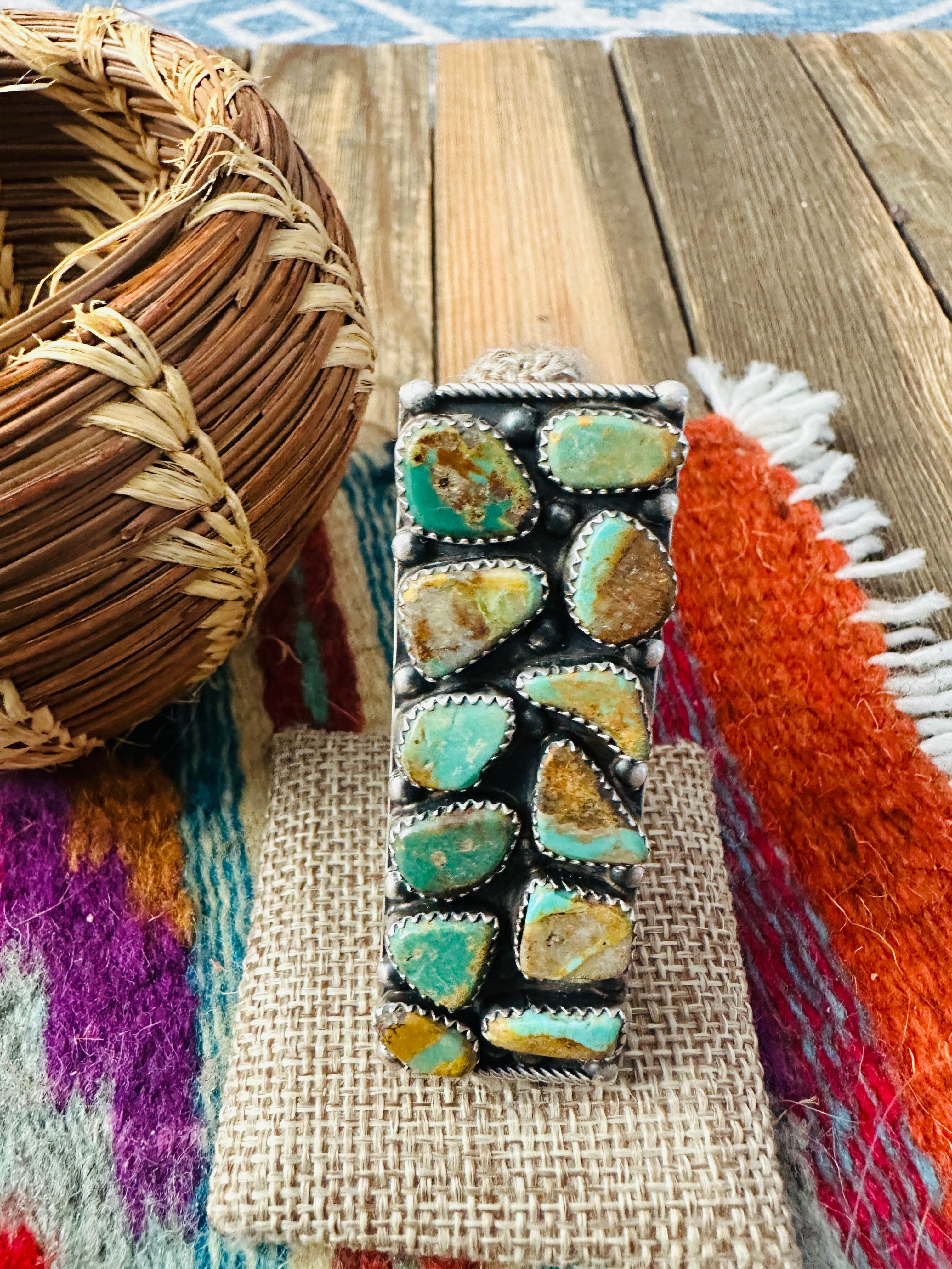 Handcrafted Royston Turquoise Sterling Silver Cluster Adjustable Ring by Jacqueline Silver