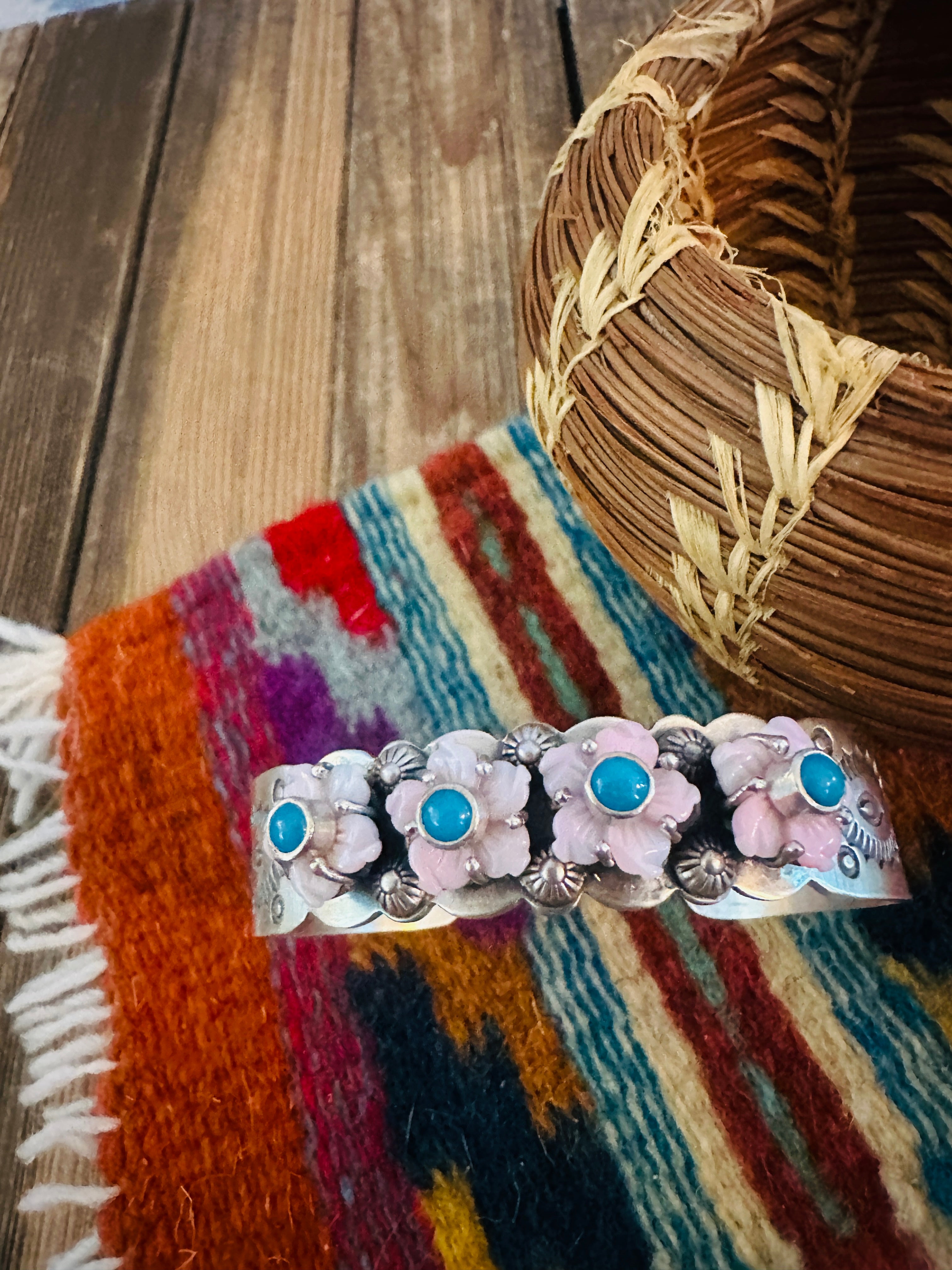 Handcrafted Queen Pink Conch, Turquoise & Sterling Silver Flower Cuff Bracelet
