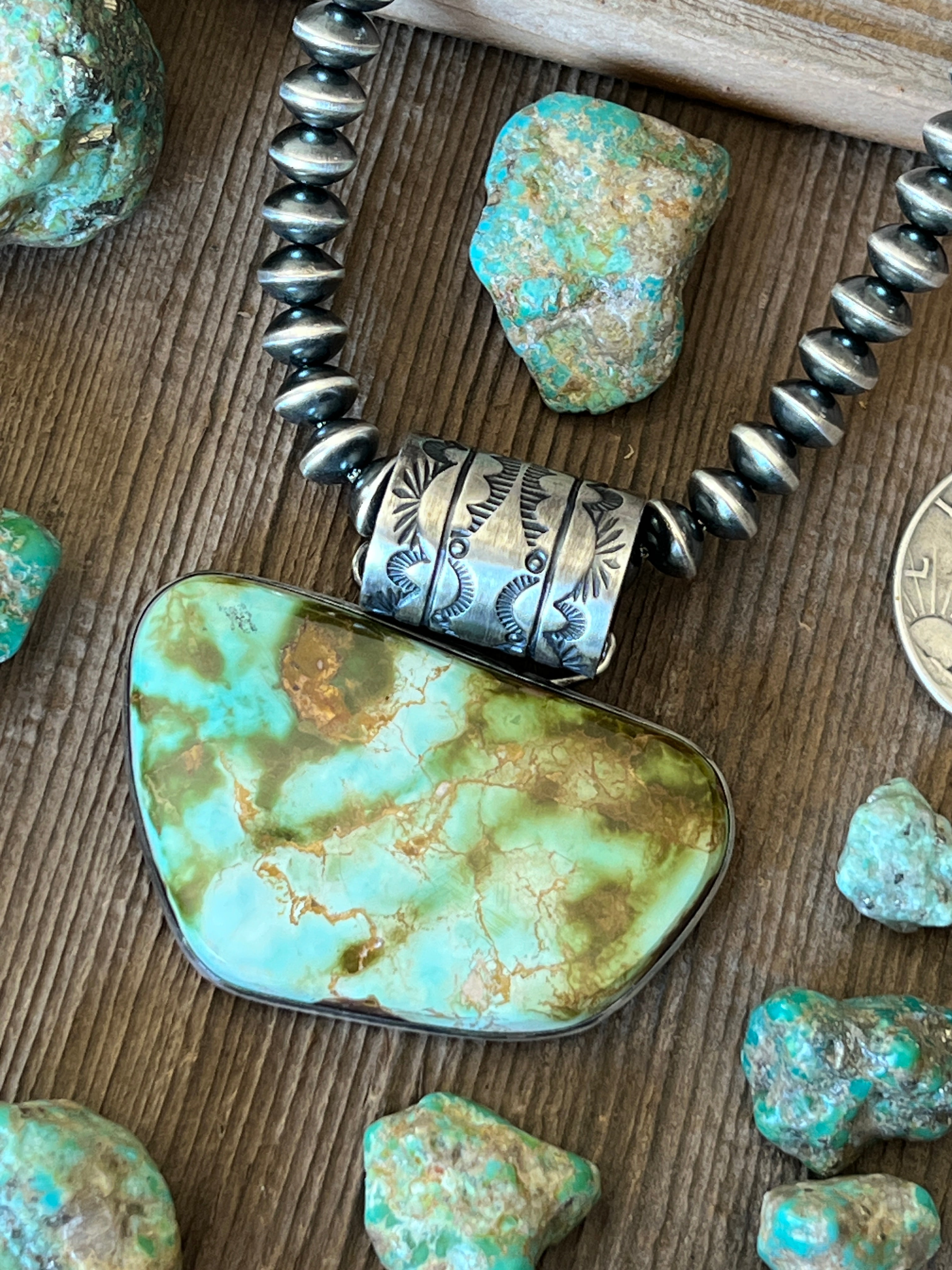 Handcrafted Sterling Silver and Royston Turquoise Solo Pendant by Angela Martin