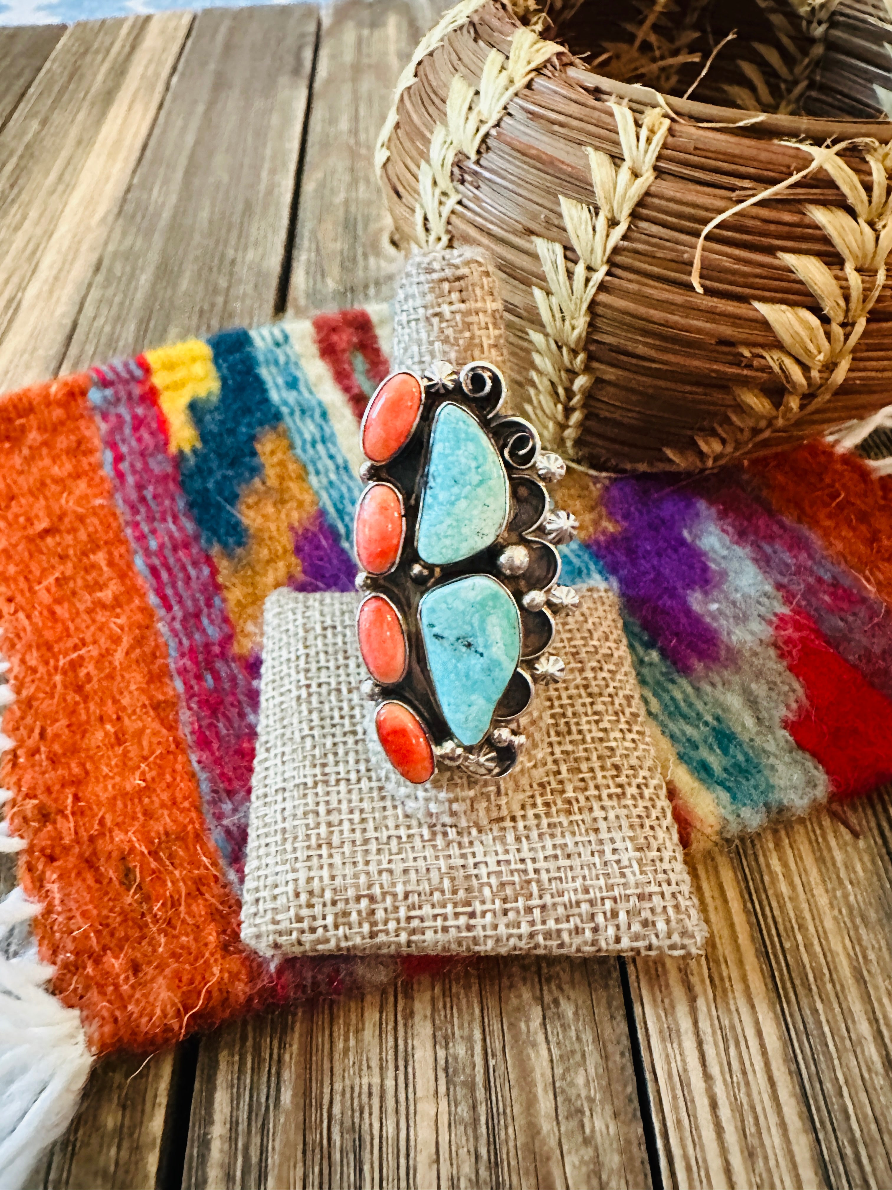 Handcrafted Spiny Oyster, Turquoise & Sterling Silver Adjustable Ring by Jacqueline Silver