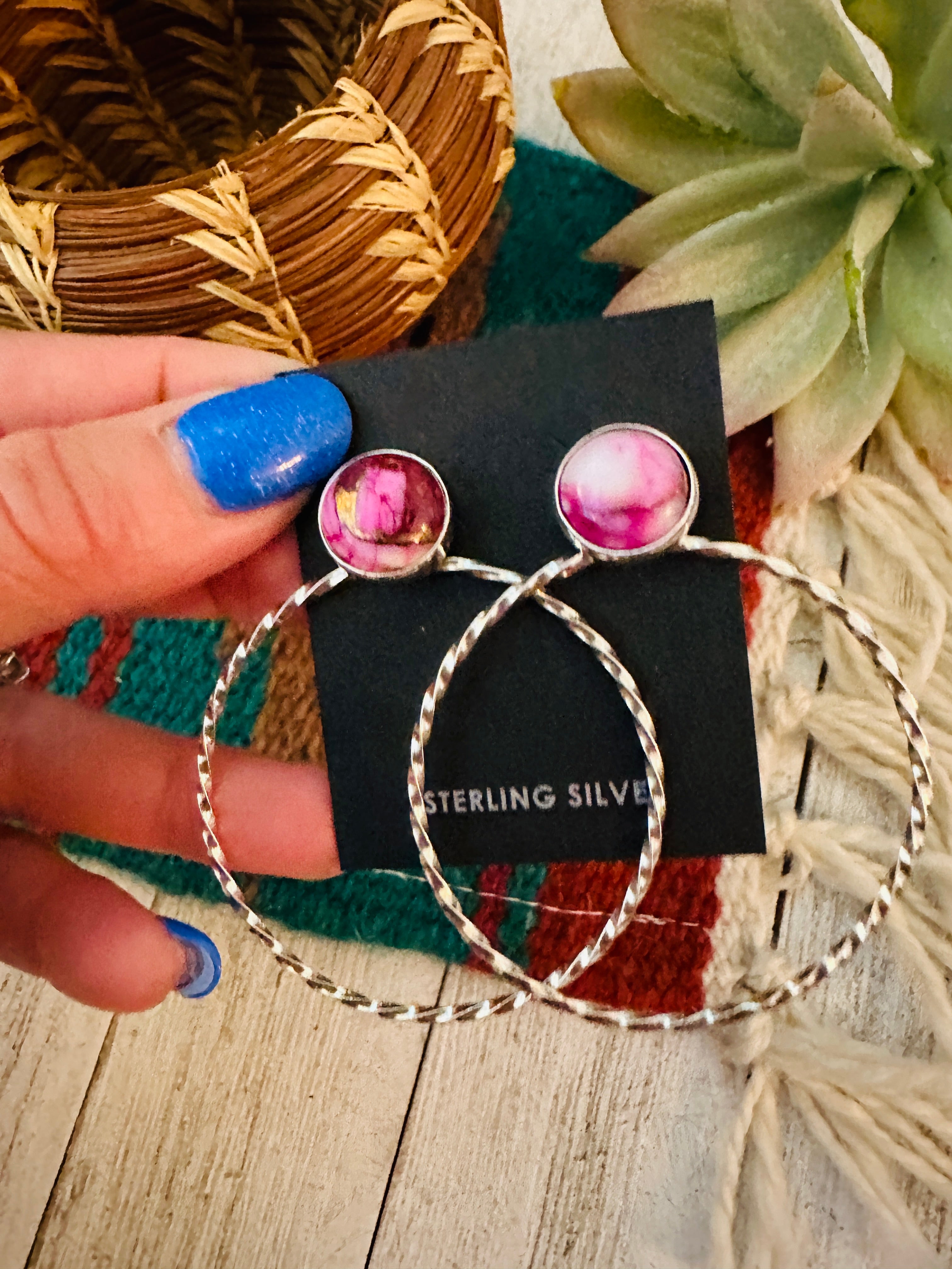 Handcrafted Pink Mojave & Sterling Silver Dangle Hoop Earrings