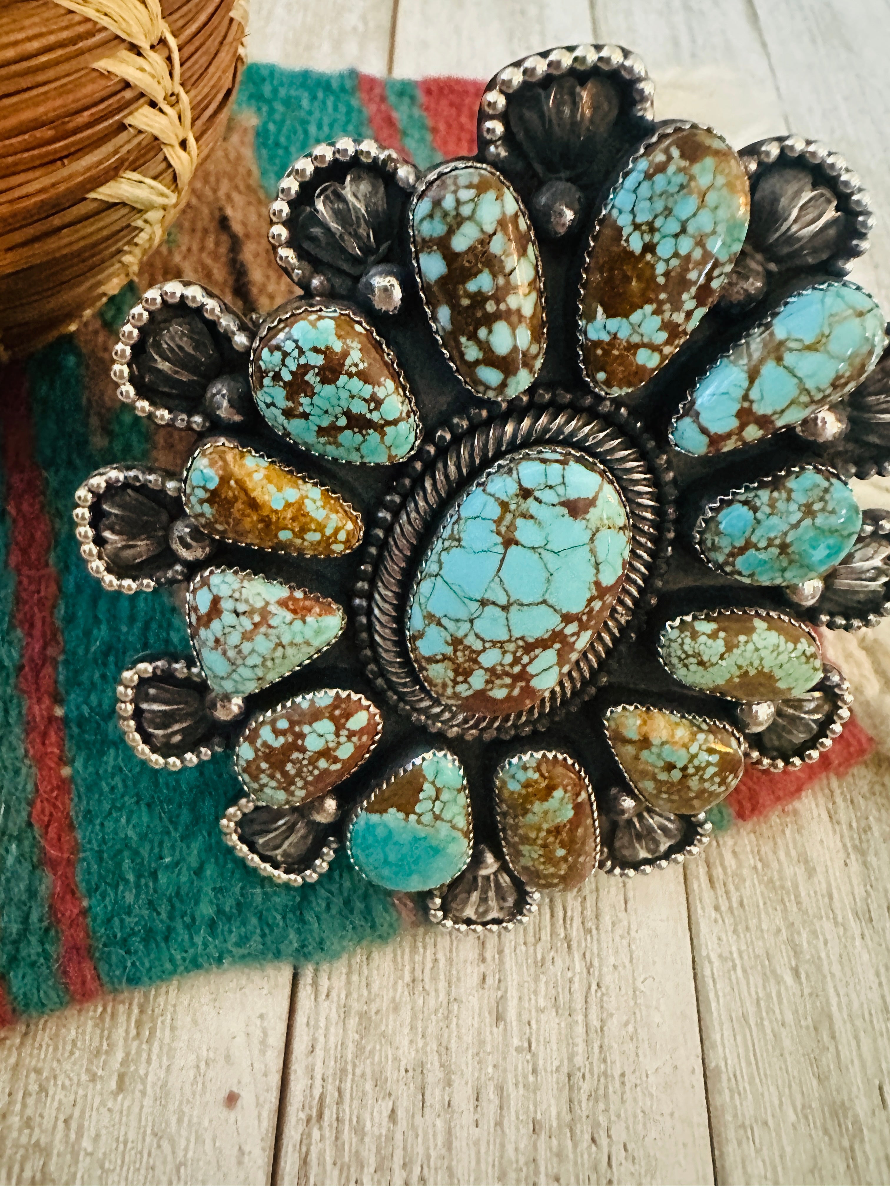 Sterling Silver & Number 8 Turquoise Cluster Cuff Bracelet /