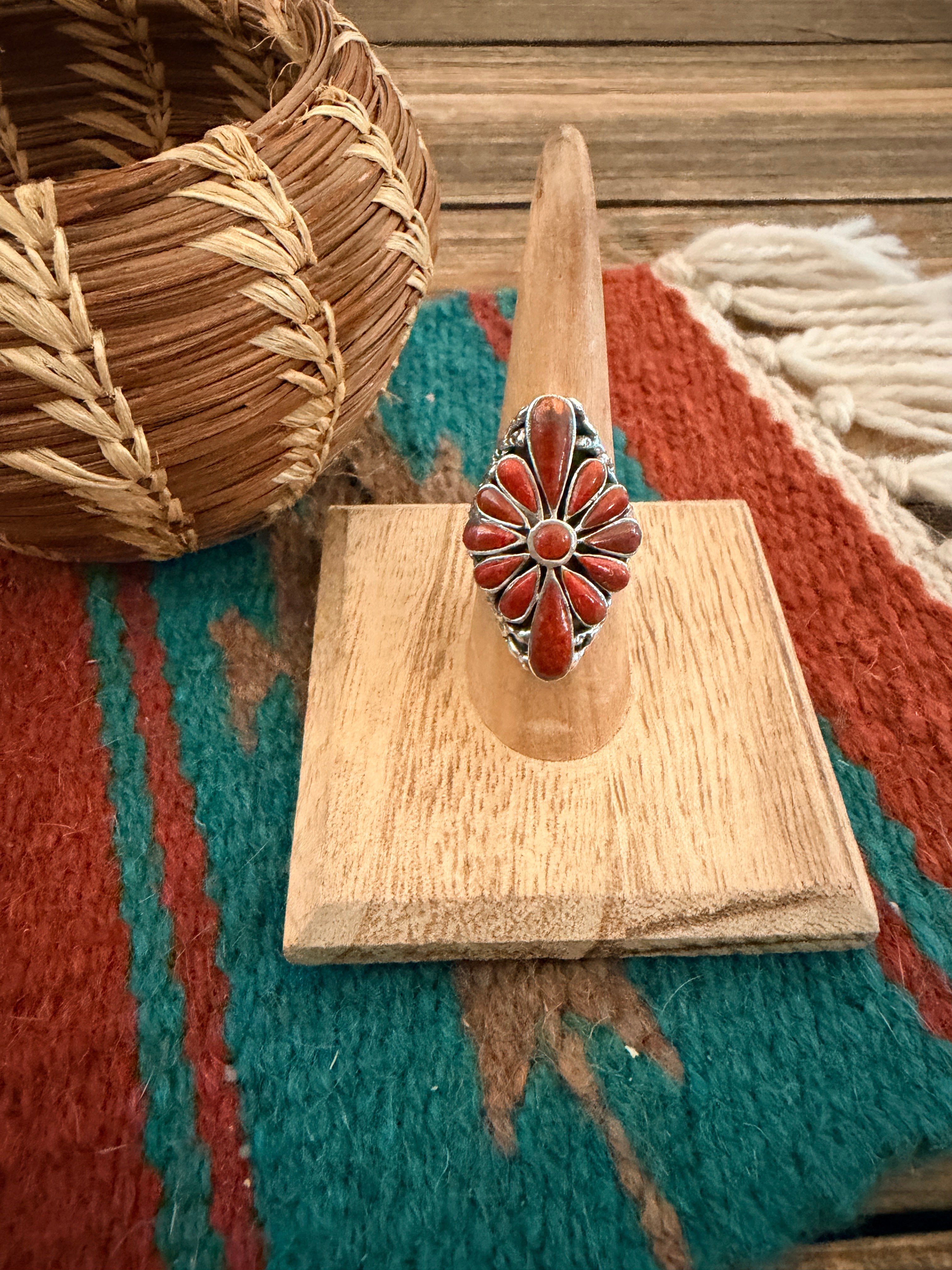 Handmade Sterling Silver and Coral Adjustable Ring