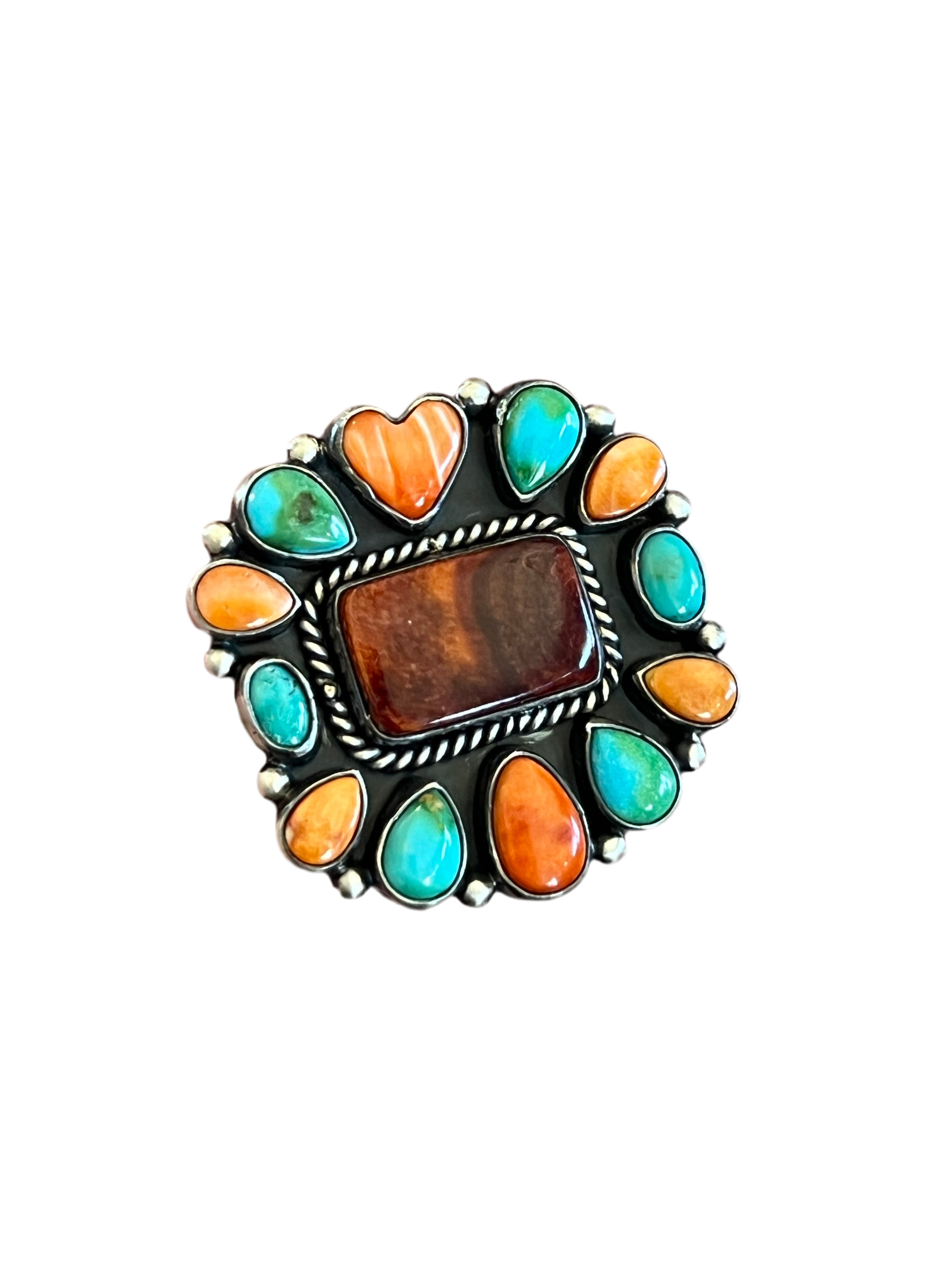 Navajo Electric Rainbow Turquoise and Spiny Oyster Ring by Angela Martin and Bernyse Chavez, Size 7.5-8