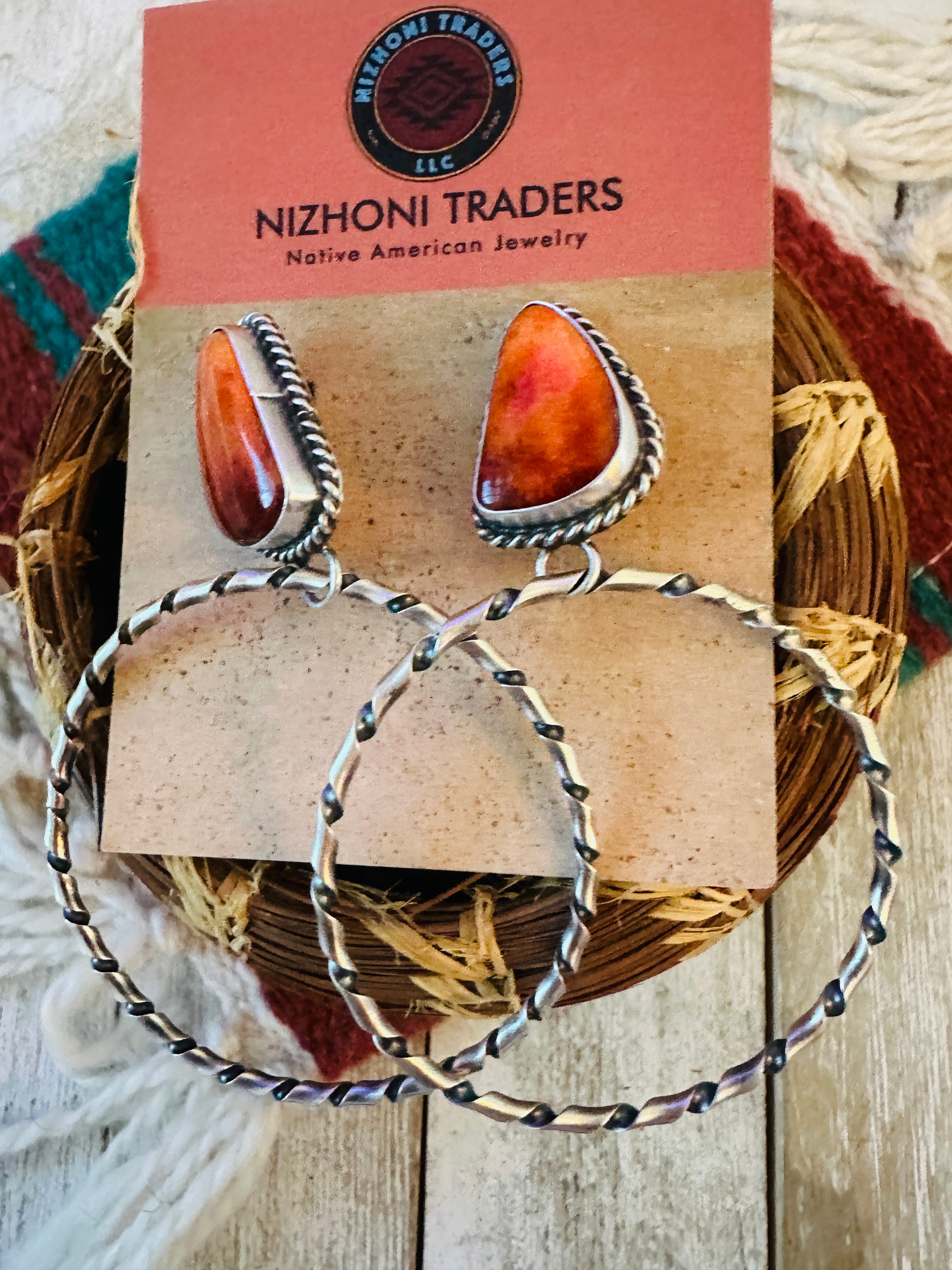 Navajo Orange Spiny and Sterling Silver Dangle Hoop Earrings