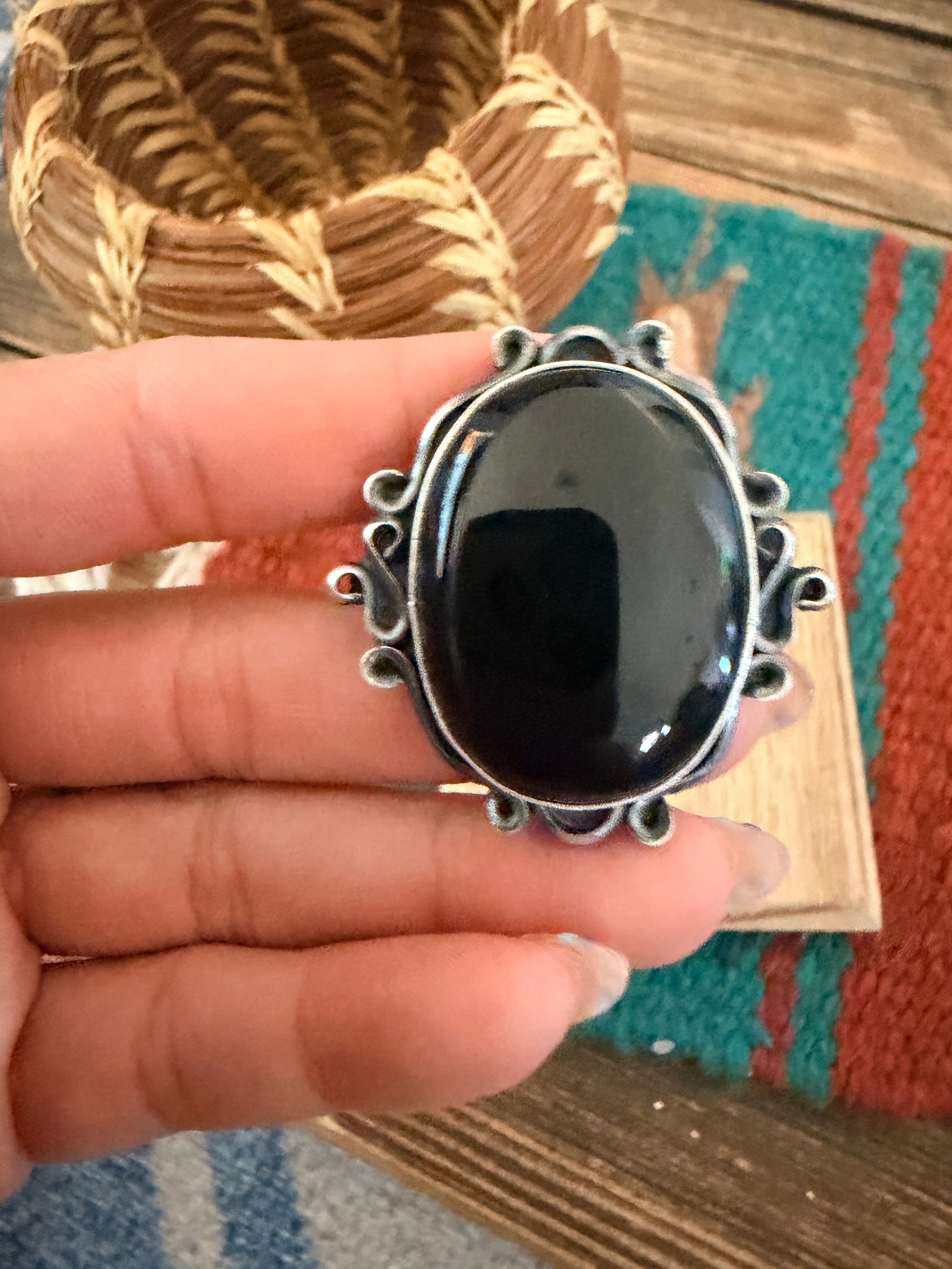 Handcrafted Black Onyx & Sterling Silver Ring Size 9