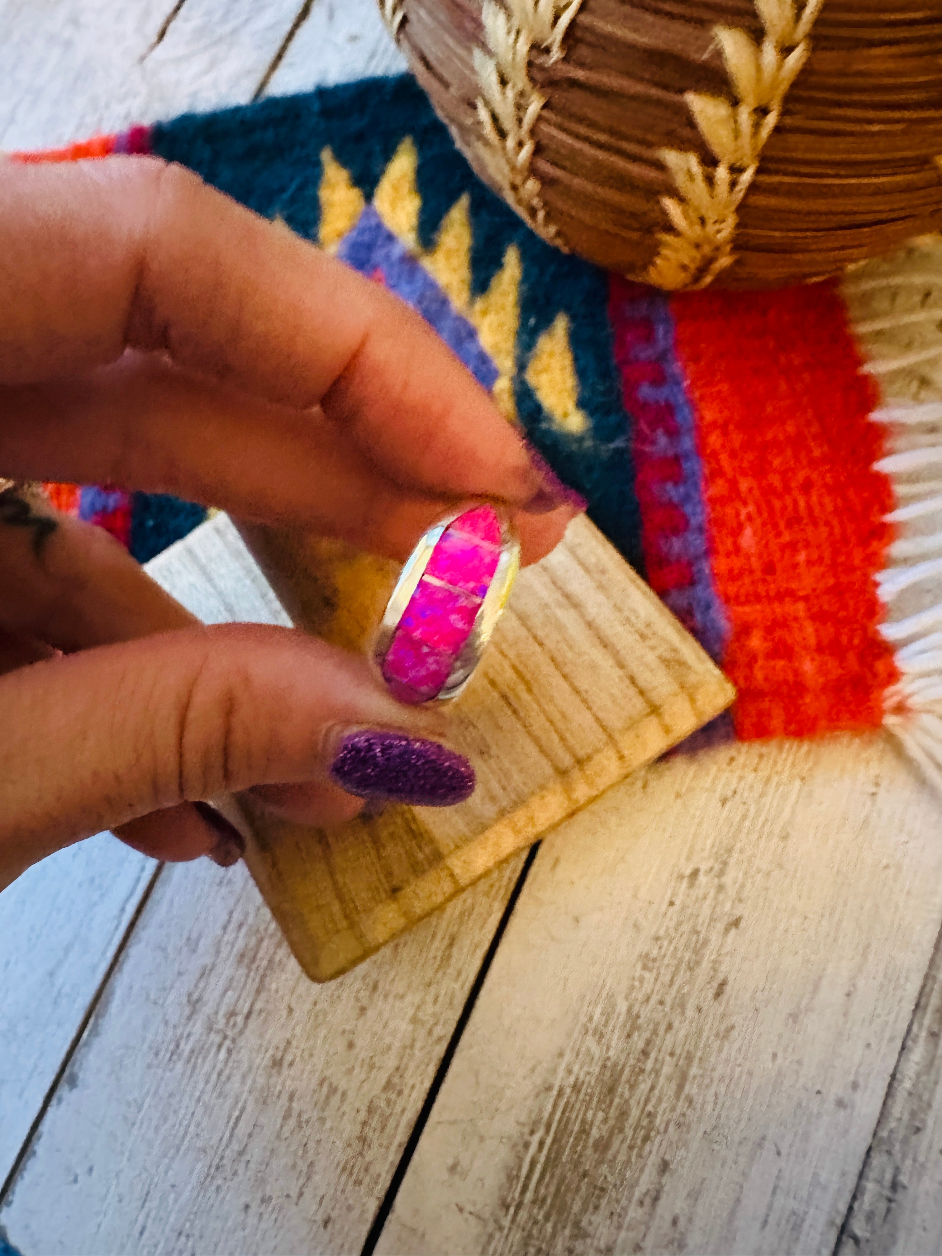 Handcrafted Pink Opal & Sterling Silver Inlay Band Ring Signed