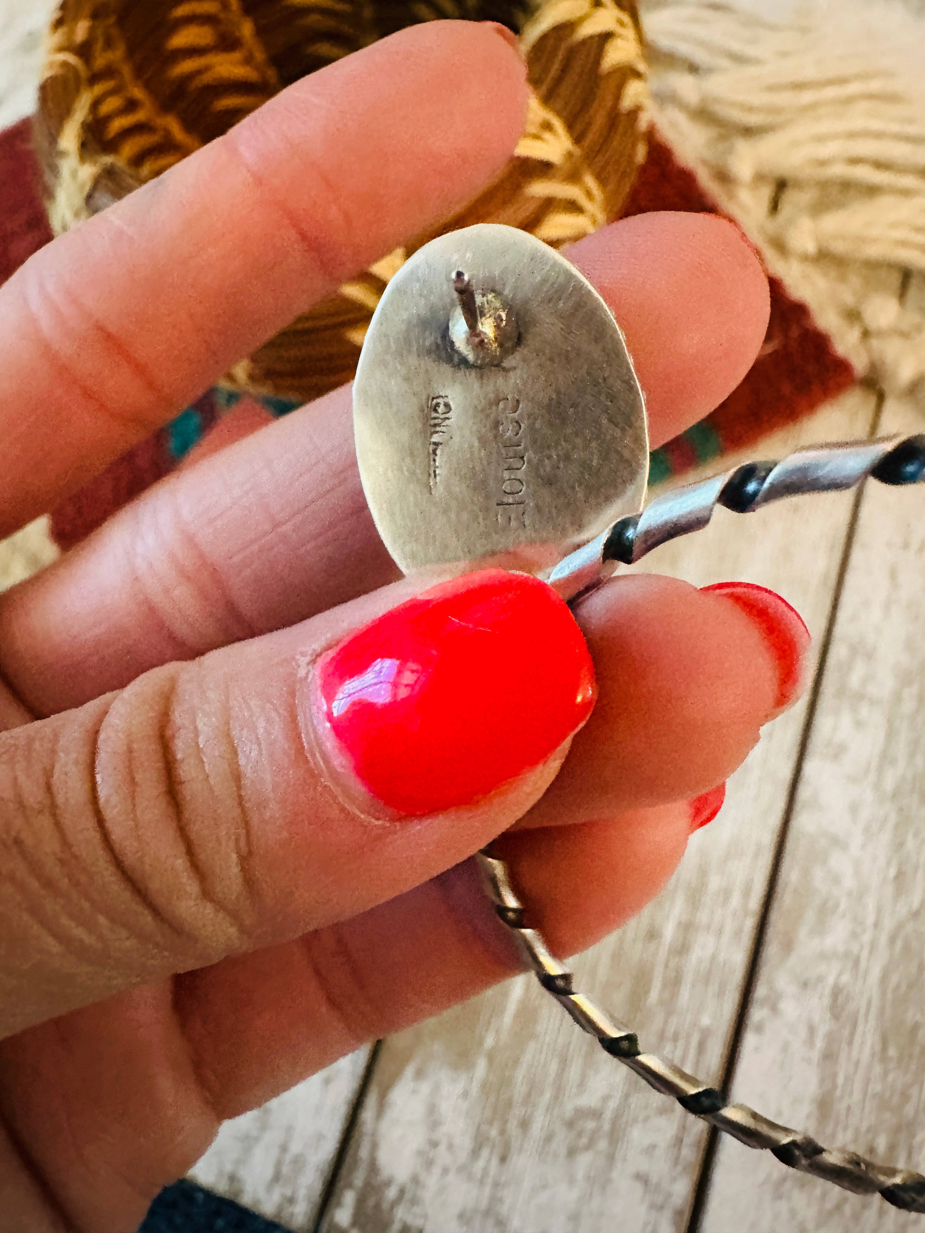 Navajo Ribbon Turquoise and Sterling Silver Dangle Hoop Earrings