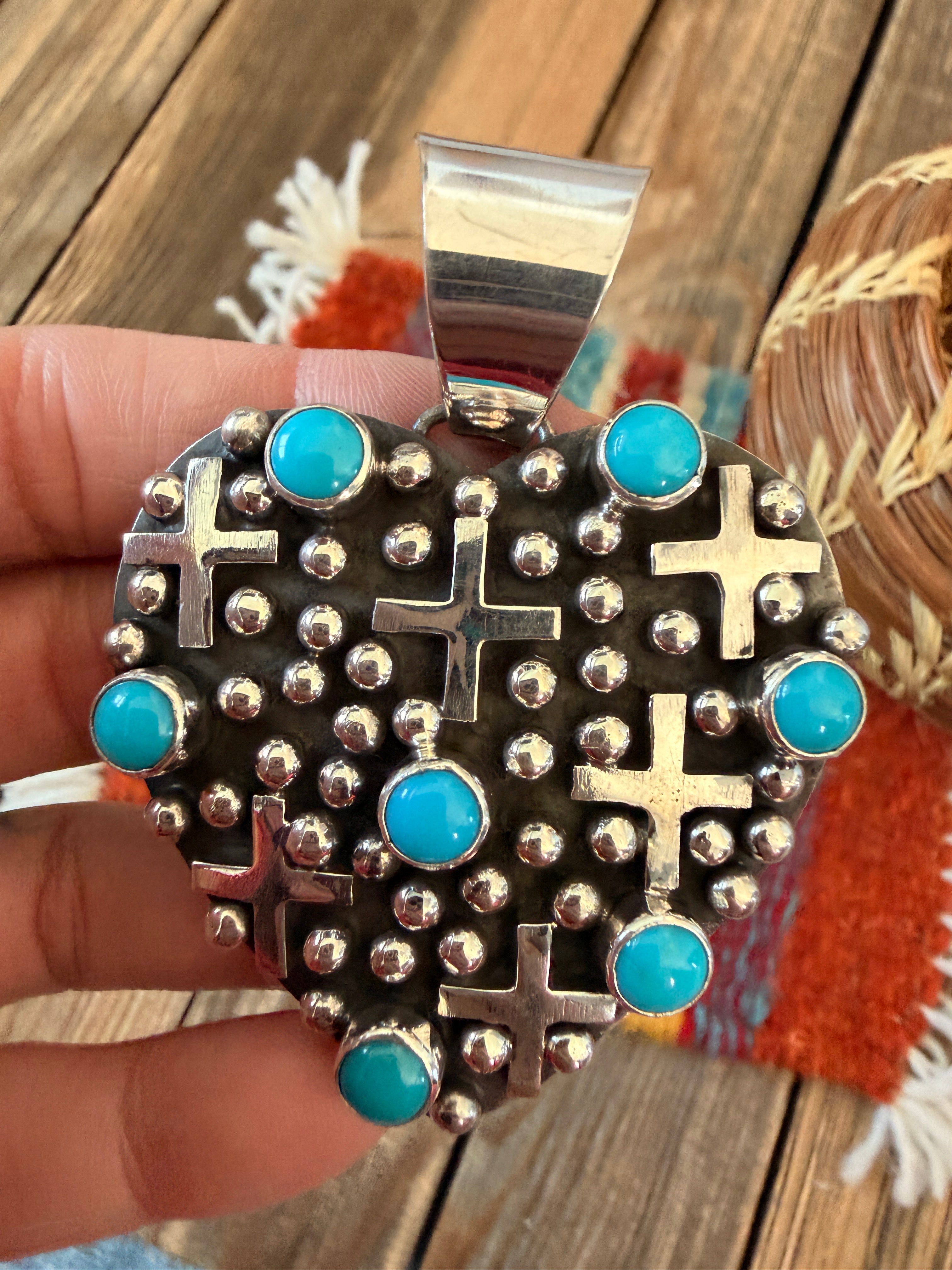 Handcrafted Turquoise & Sterling Silver Heart Cross Pendant by Geneva Apachito
