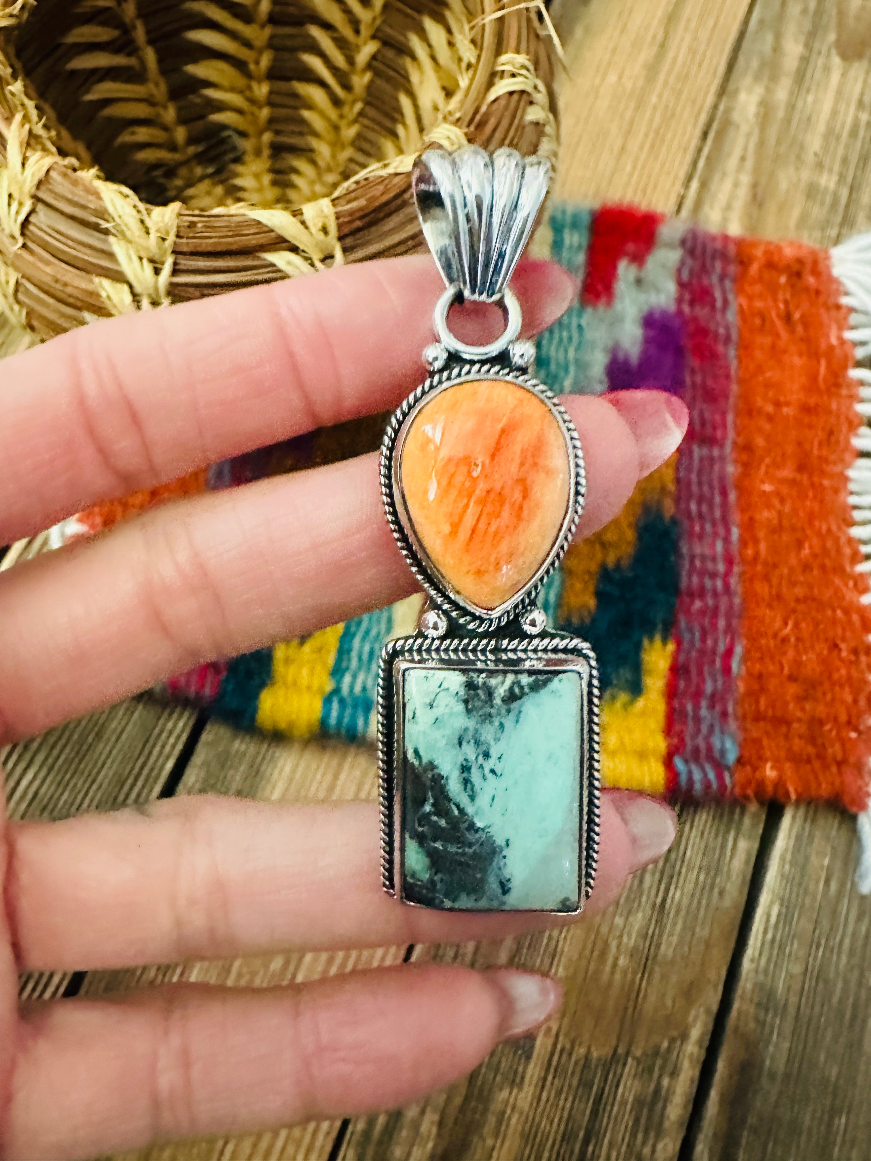 Handcrafted Sterling Silver, Spiny & Turquoise Pendant